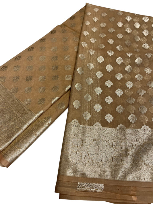 Southloom Cotton Banarasi Silk Saree with Woven Work on Body and Borders (Beige)