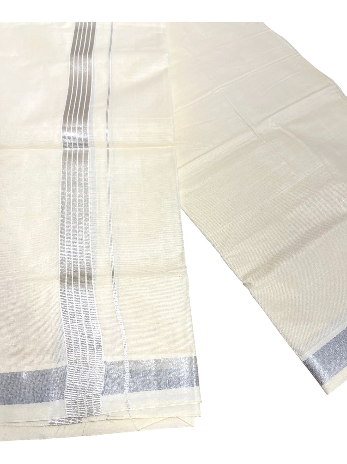 Kerala Cotton Double Mundu with Silver Border (South Indian Dhoti)
