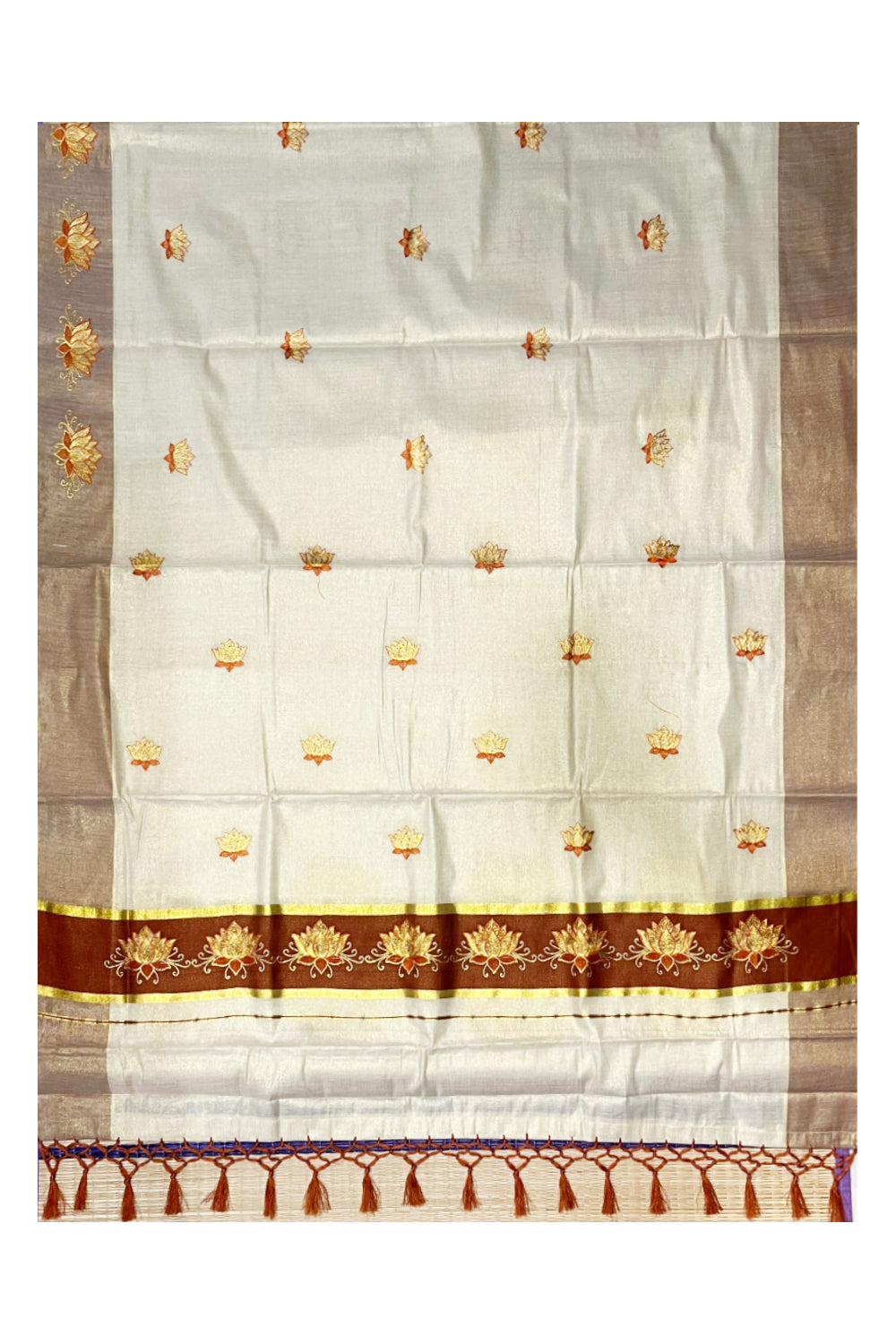 Southloom Kerala Tissue Kasavu Saree with Brown And Golden Lotus Embroidary Designs on Body