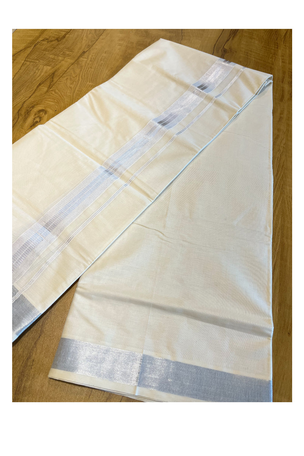 Pure Cotton Mundu with Silver Lines and Silver Border (South Indian Kerala Dhoti)