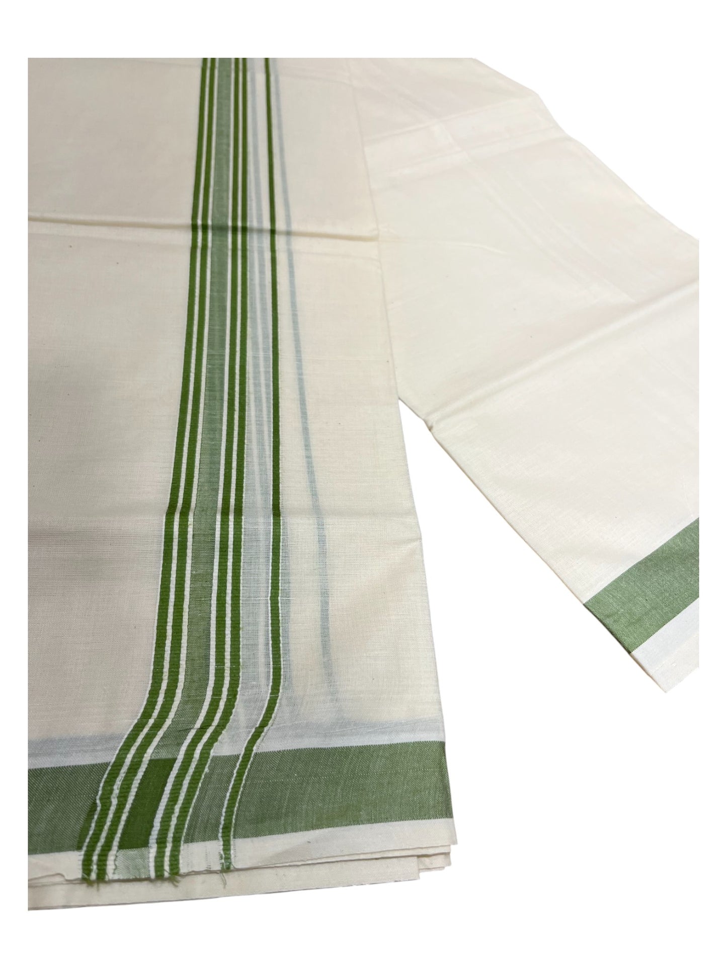 Southloom Pure Cotton Double Mundu With White Lines &Green Border (South Indian Kerala Dhoti)