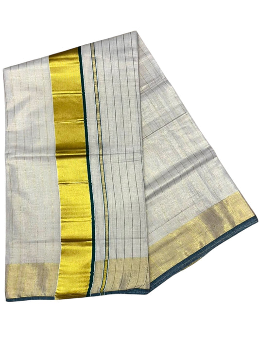 Southloom Kerala Tissue Kasavu Saree with Stripes on Body In Green Border