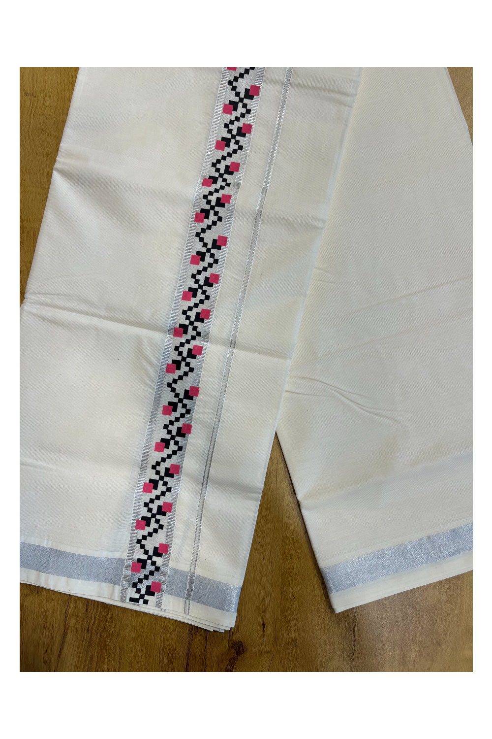 Southloom Pure Cotton Silver Kasavu Mundu with Trendy Print