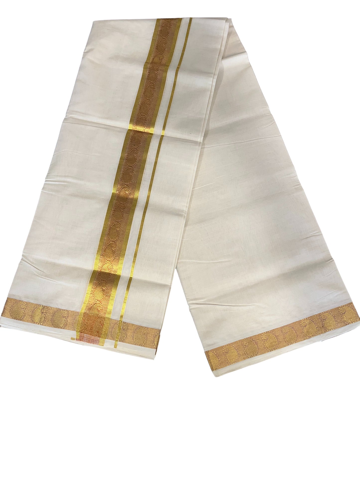 Southloom Premium Handloom Cotton Double Mundu with Gold Kasav Border