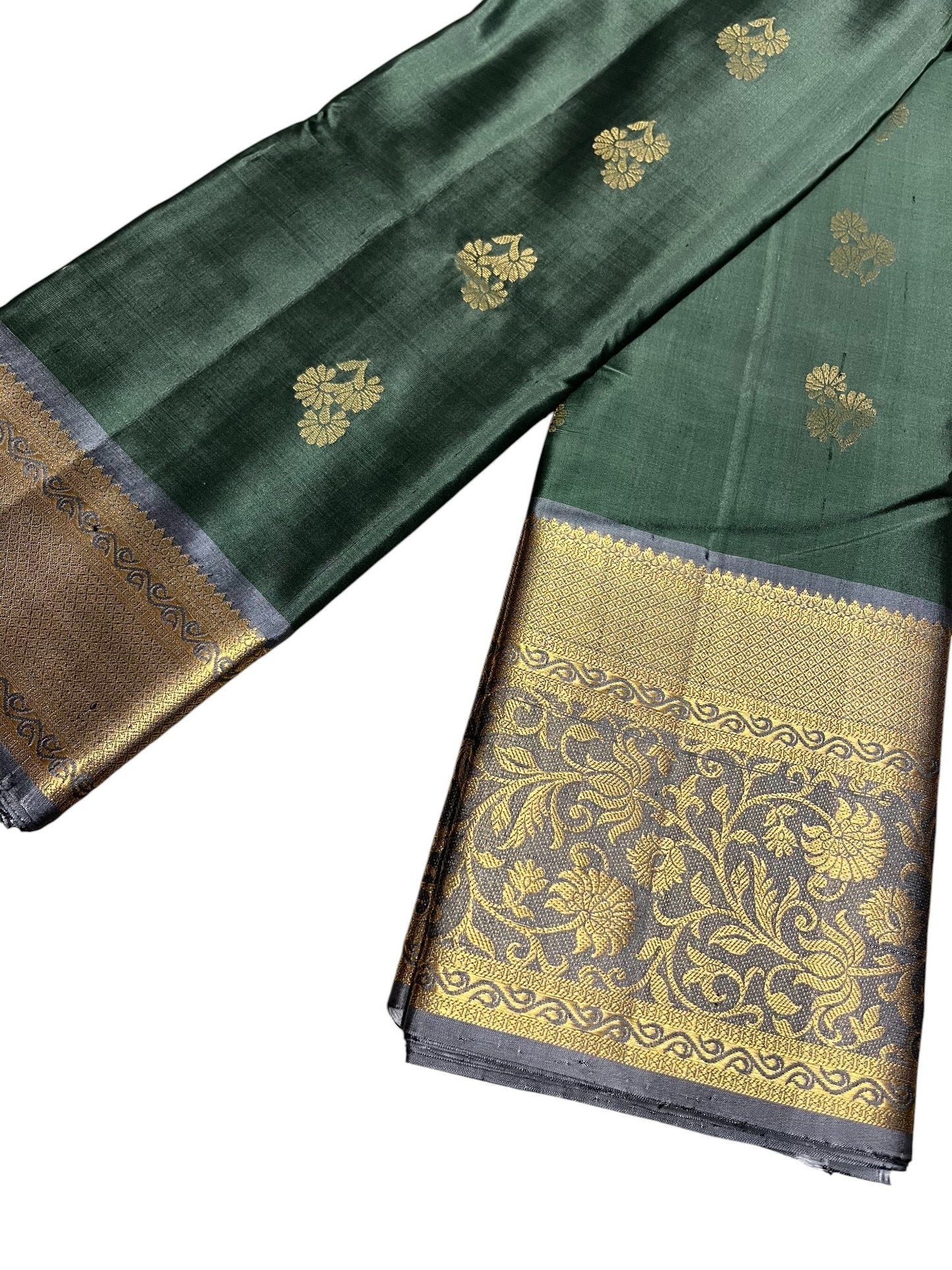 Southloom Premium Bridal Handloom Kanchipuram Silk Saree With Korvai Works (Green & Gray)
