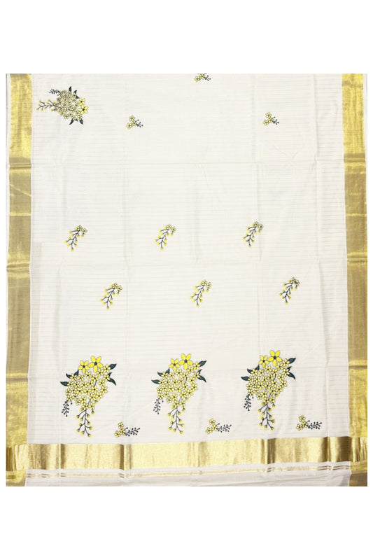 Pure Cotton Kerala Kasavu Lines Saree with Kanikonna Floral Embroidery Designs SL257