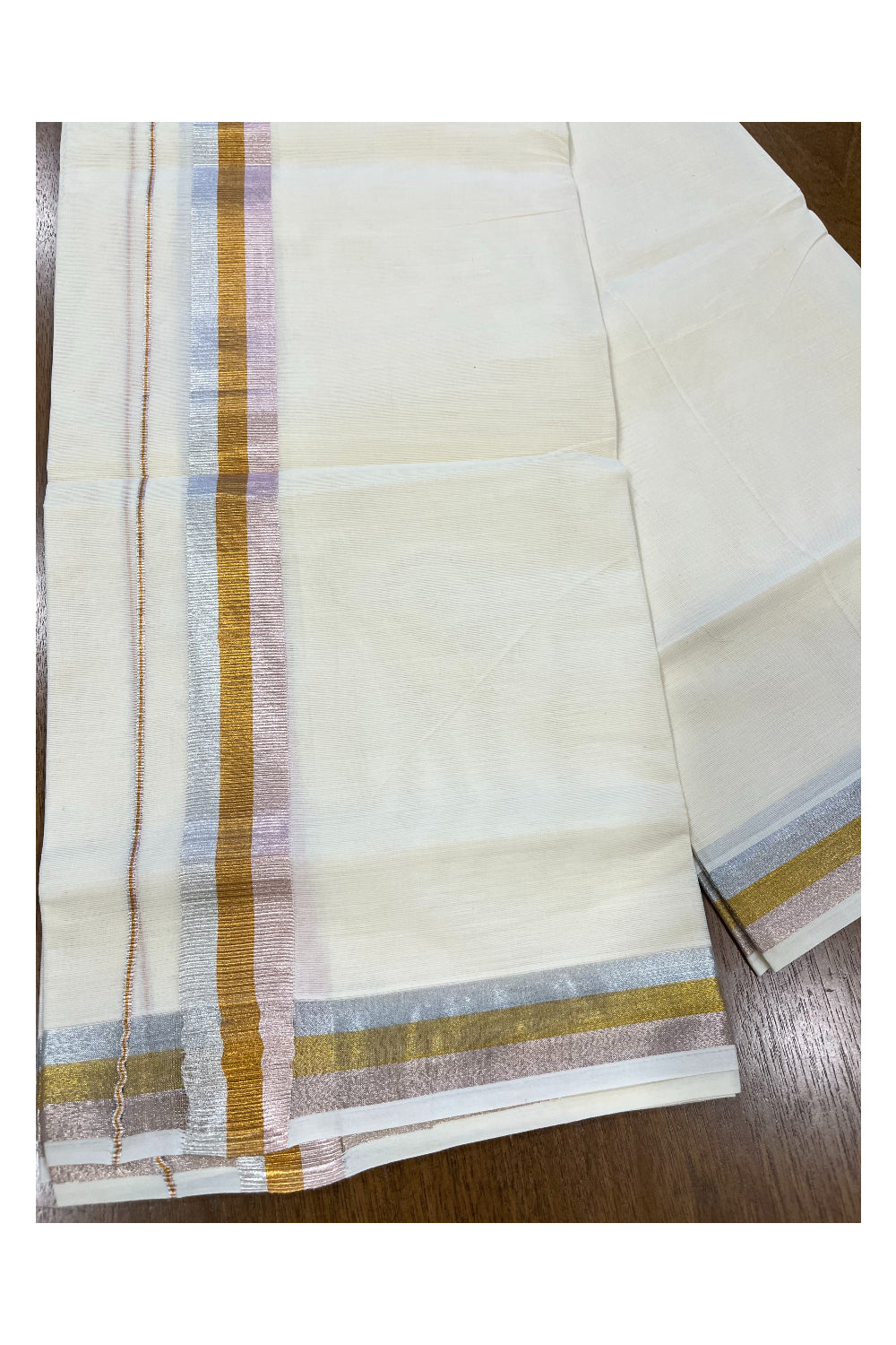 Off White Kerala Double Mundu with Rosegold and Silver Kasavu Kara (South Indian Kerala Dhoti)