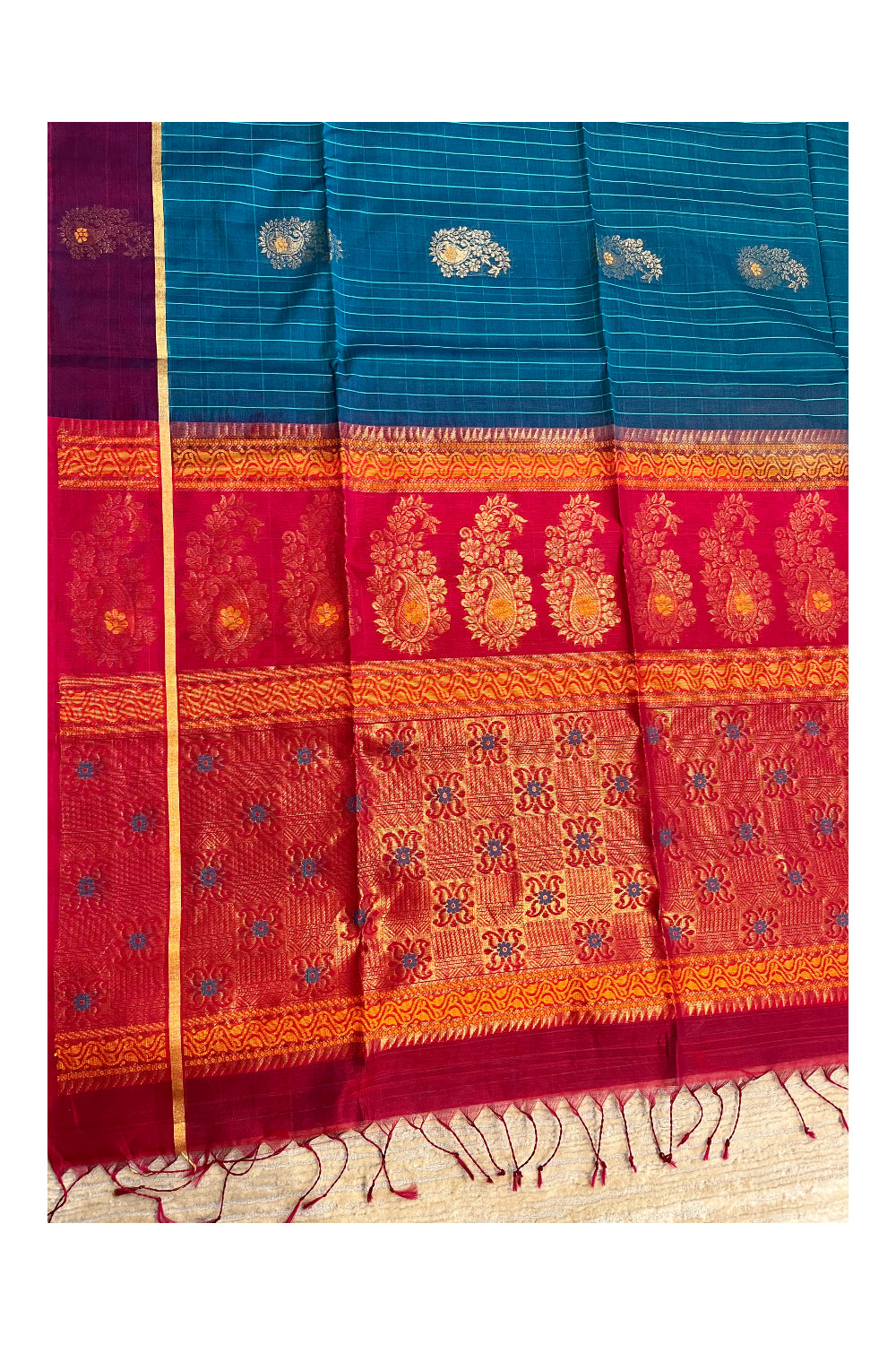 Southloom Pure Handloom Cotton Silk Saree With Handwoven Work Across Body and Blouse in Magenta And Blue