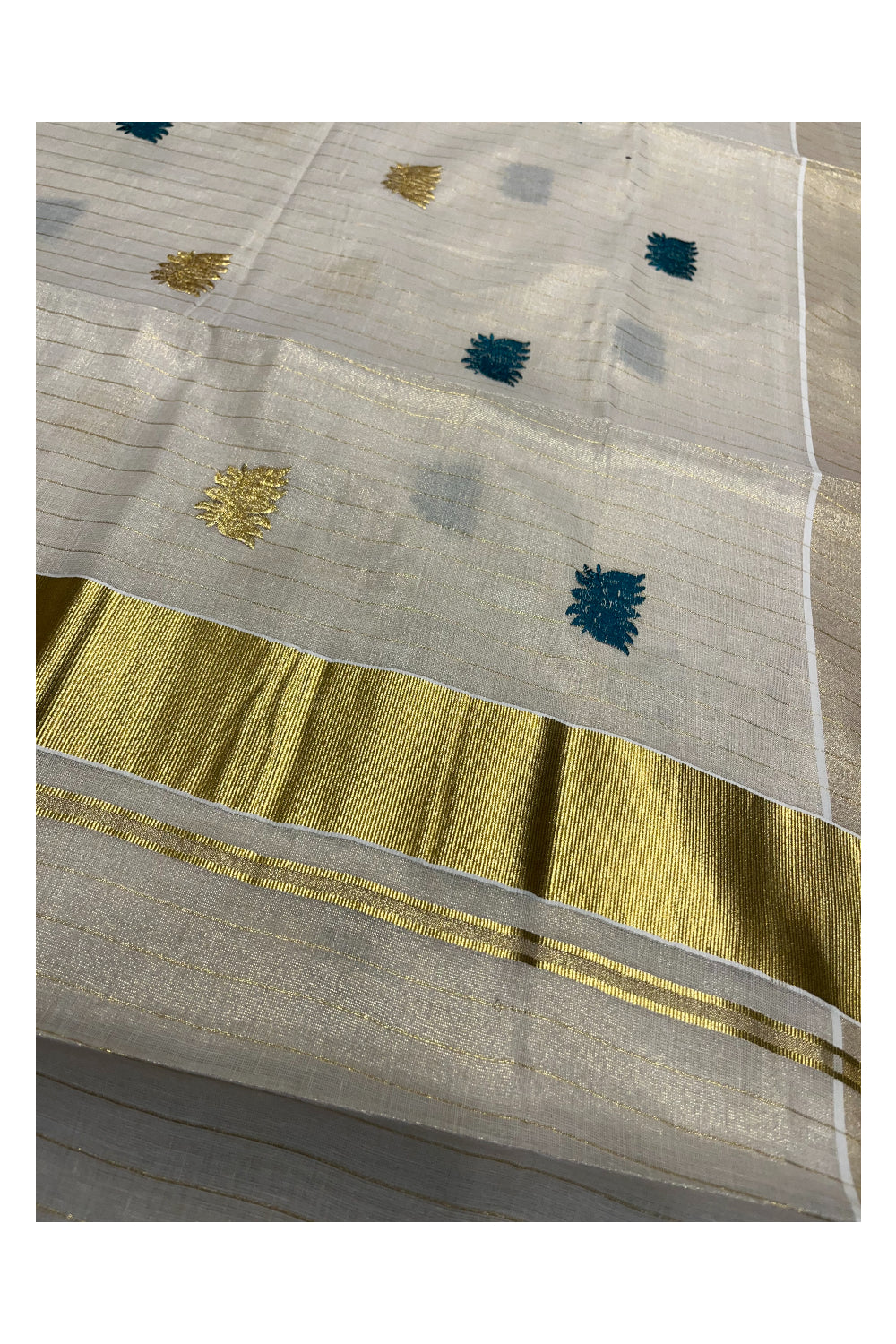 Southloom Kerala Tissue Kasavu Lines Saree with Peacock Green Lotus Embroidery Works
