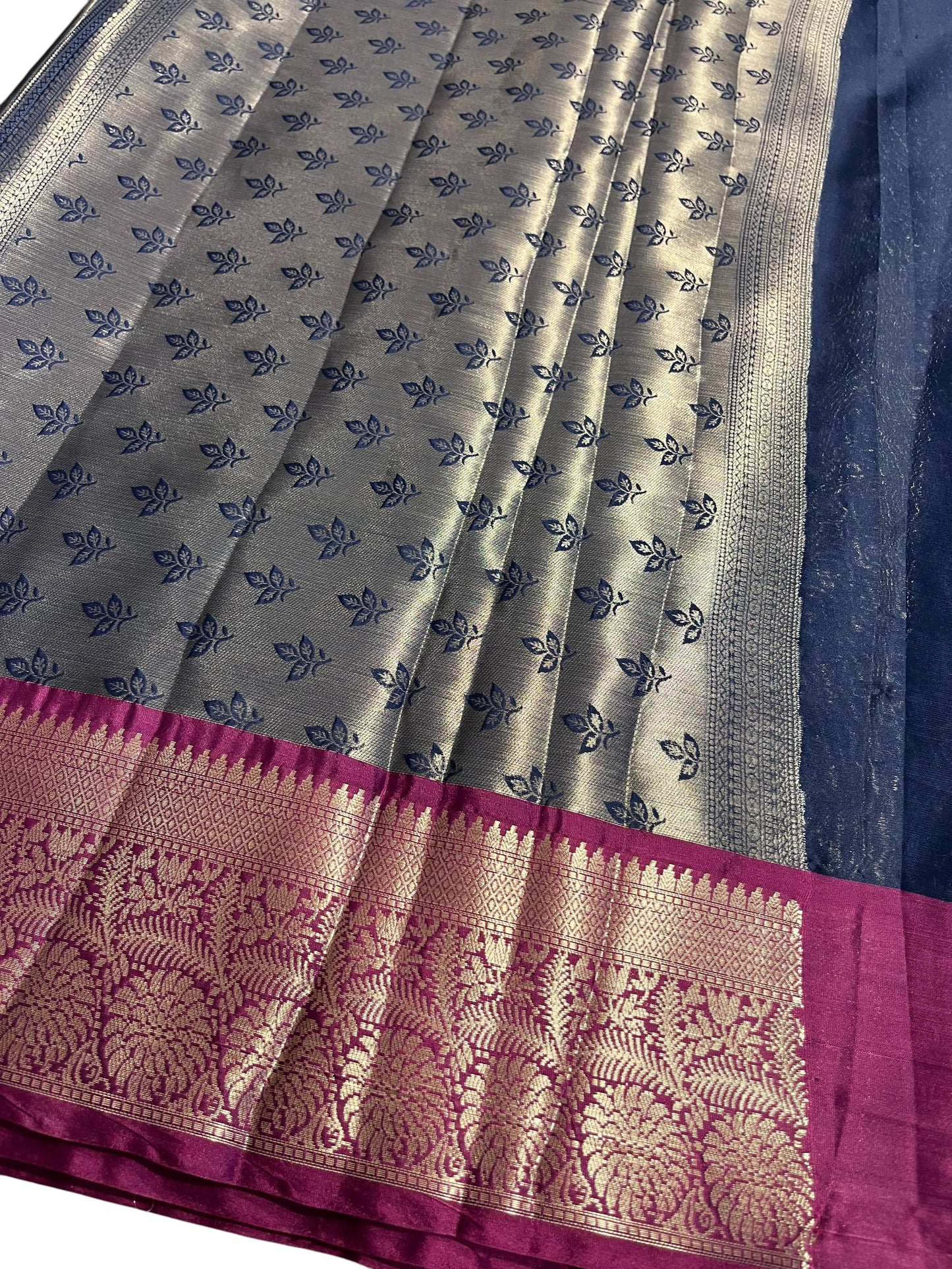 Southloom Tissue Silk Saree with Woven Work on Body and Borders (Blue & Magenta)