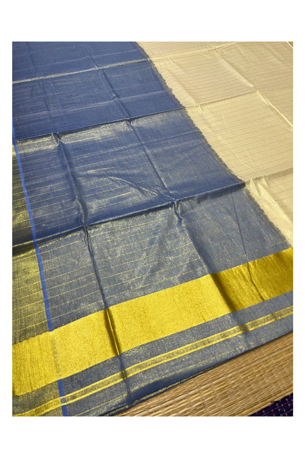 Southloom Tie & Dye - Half & Half Multi Colour Blue Design Saree with Kasavu Lines Across Body