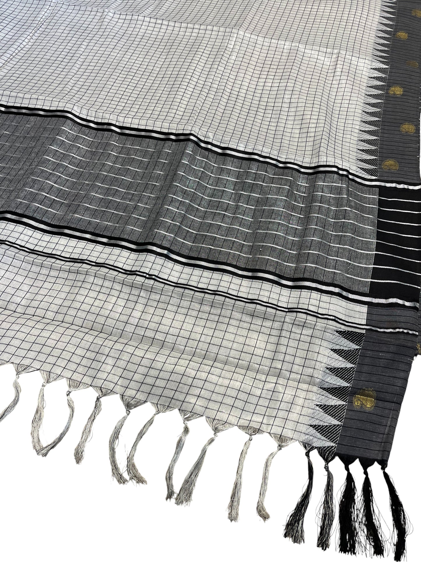 Southloom Pure Cotton Black & Silver Kasavu Saree with Check Design & Temple Border with Woven Golden Work