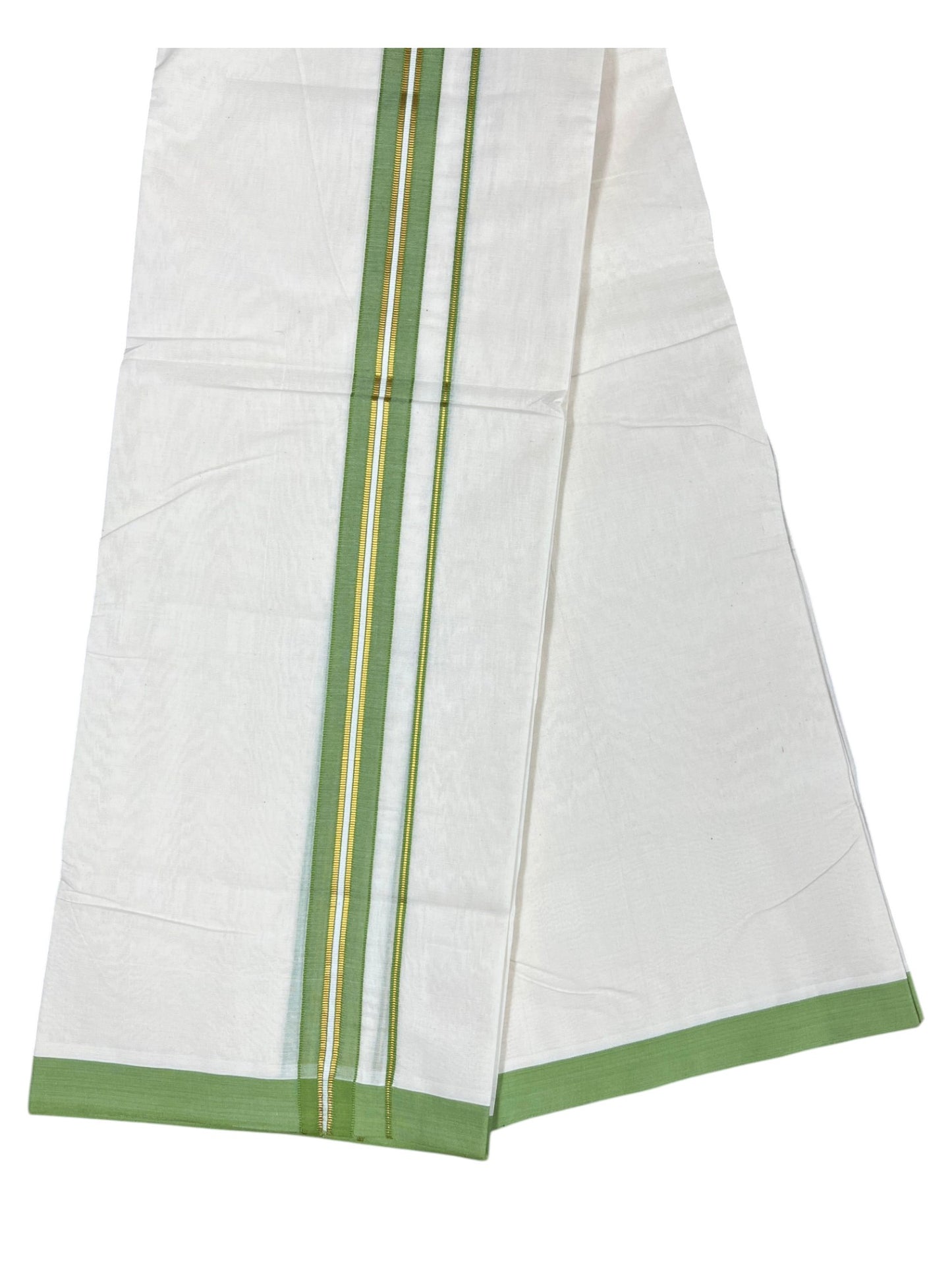 Southloom Pure Cotton Mundu with Golden Lines and Green Border (South Indian Kerala Dhoti)