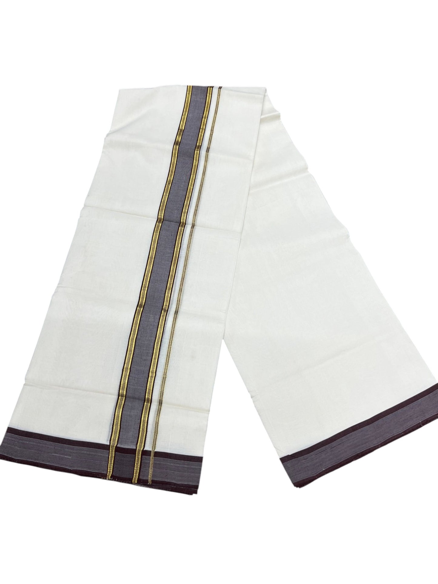 Southloom Balaramapuram Unakkupaavu Premium Handloom Cotton Double Mundu with Gold Kasavu and Brown Border