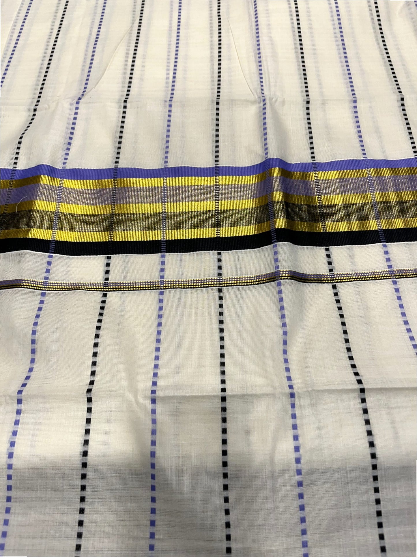 Southloom Cotton Kasavu Saree with Lavendar and Black Thread Work Across Body