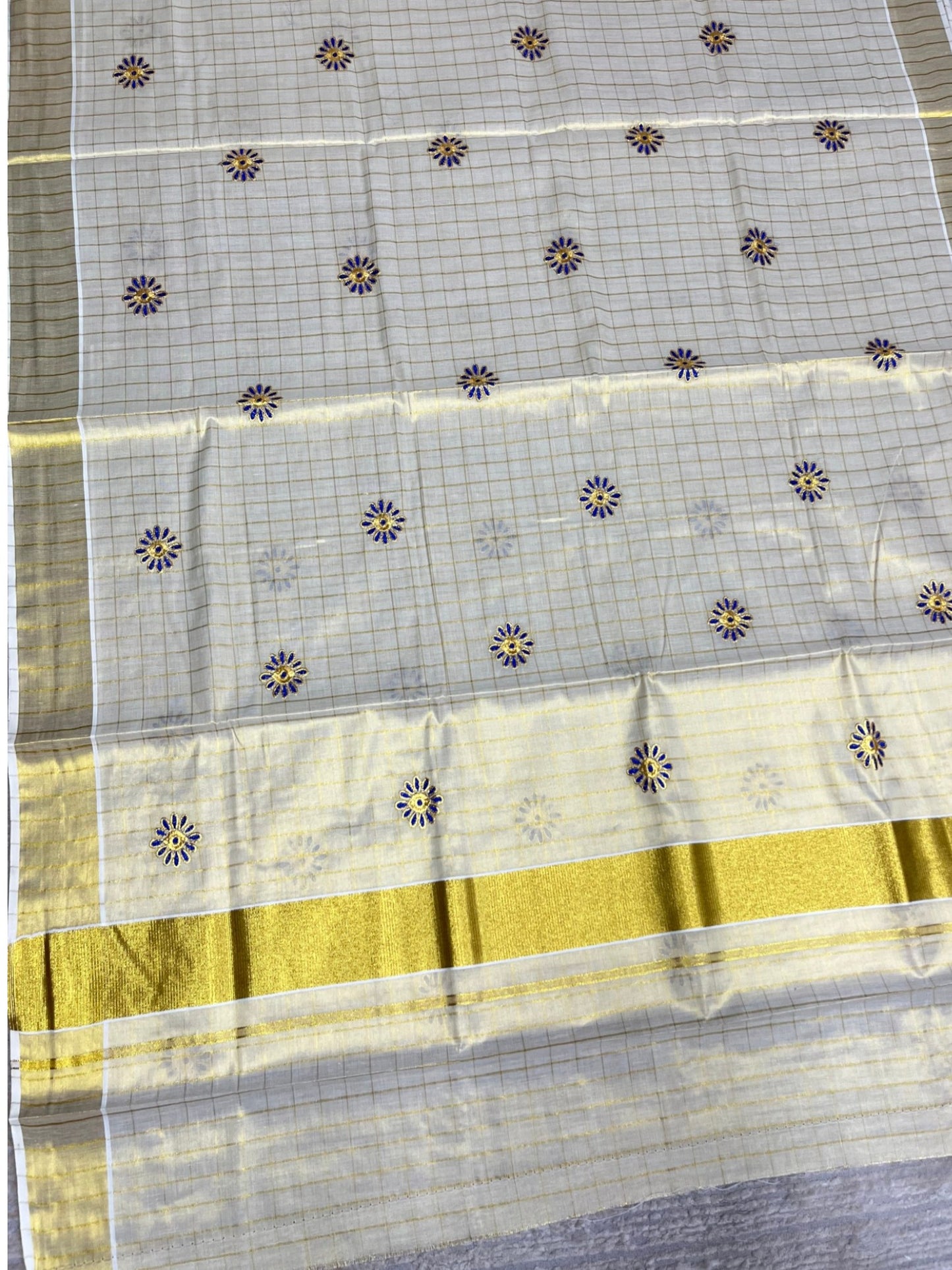 Southloom Tissue Kerala Kasavu Check Saree with Floral Embroidery Design in Blue