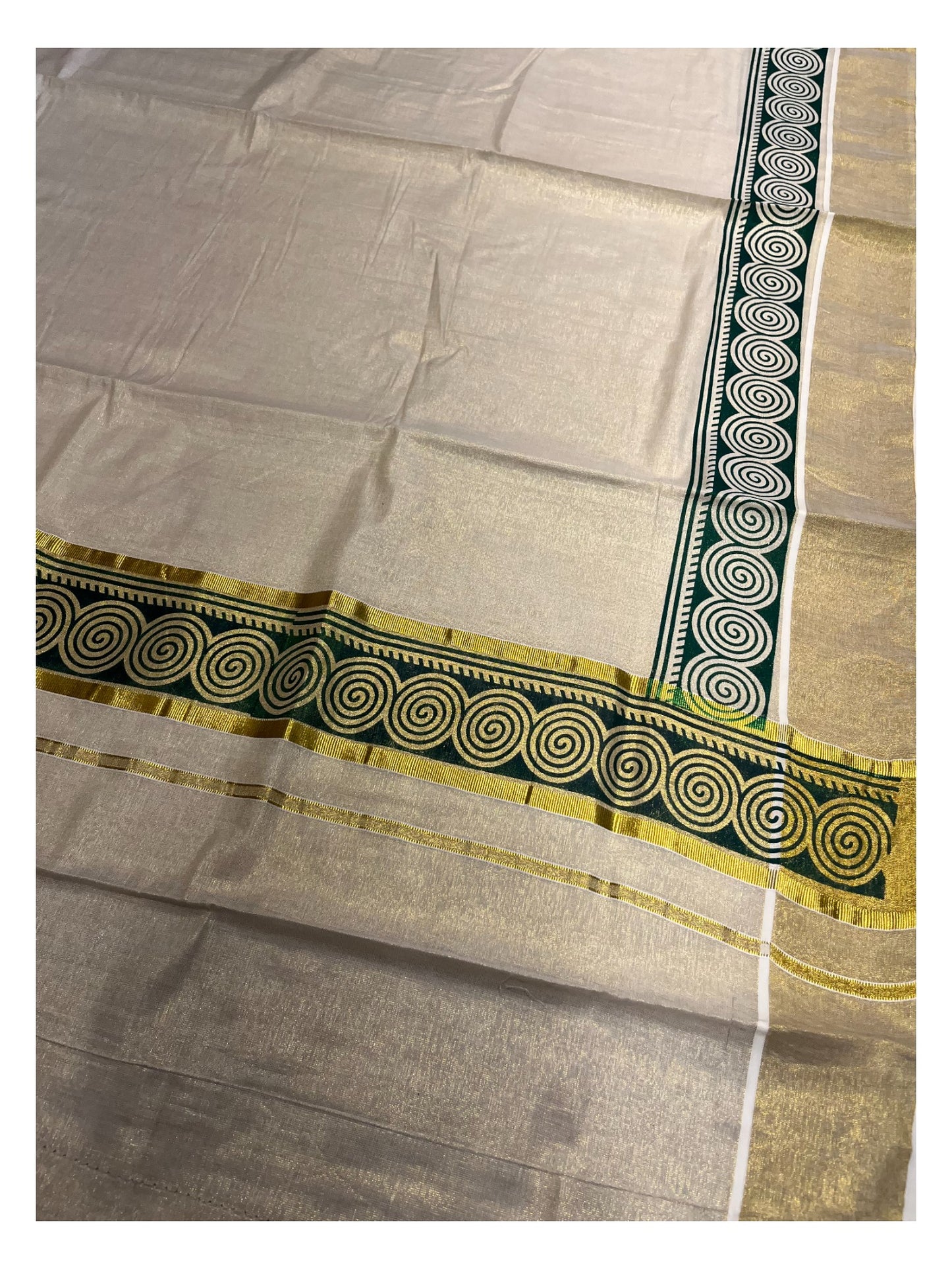 Southloom Kerala Tissue Kasavu Plain Saree Green Hand Printed
