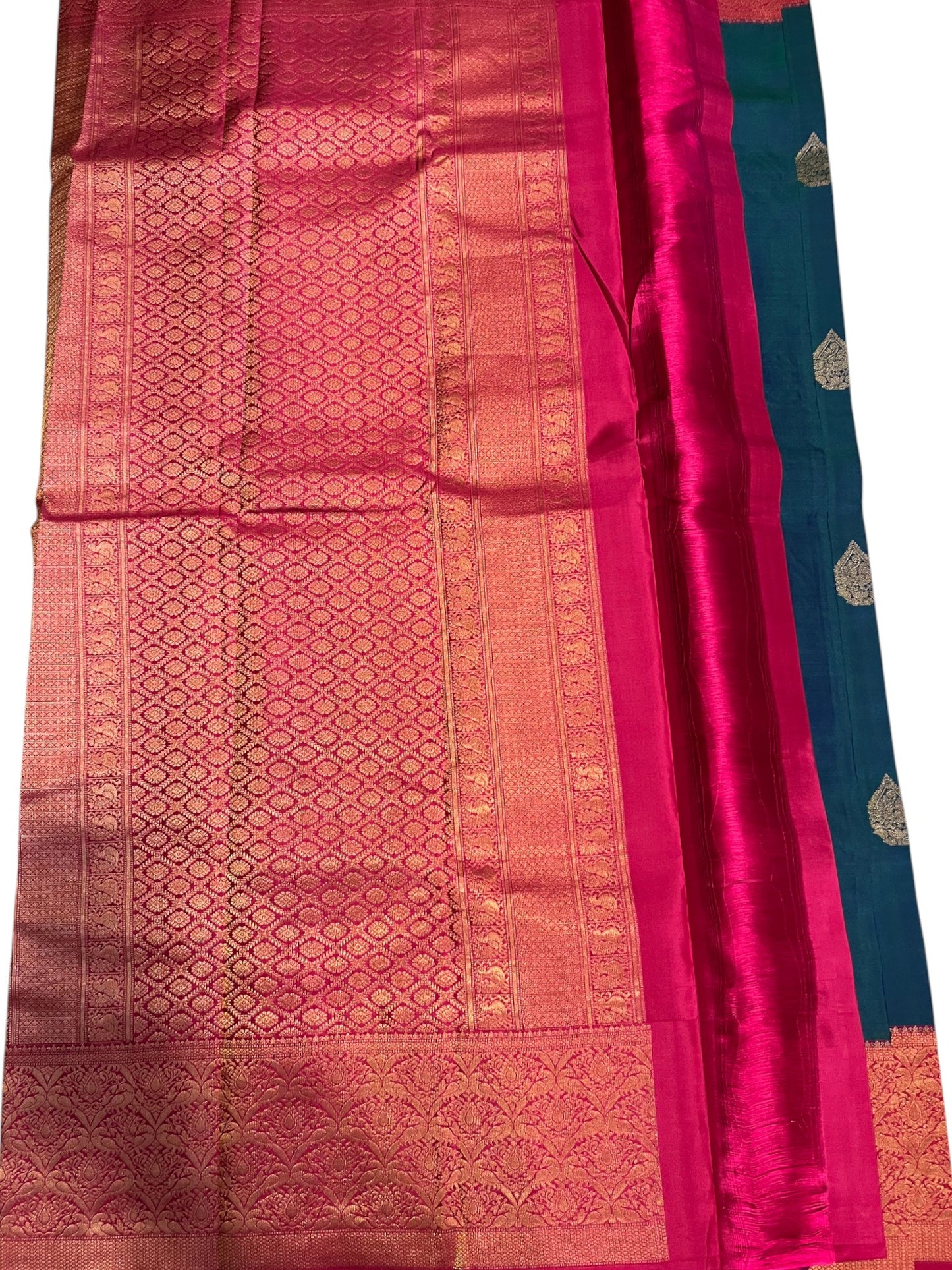 Southloom Pure Handloom Bridal Kanchipuram Silk Saree with Korvai Work (Magenta & Blue)