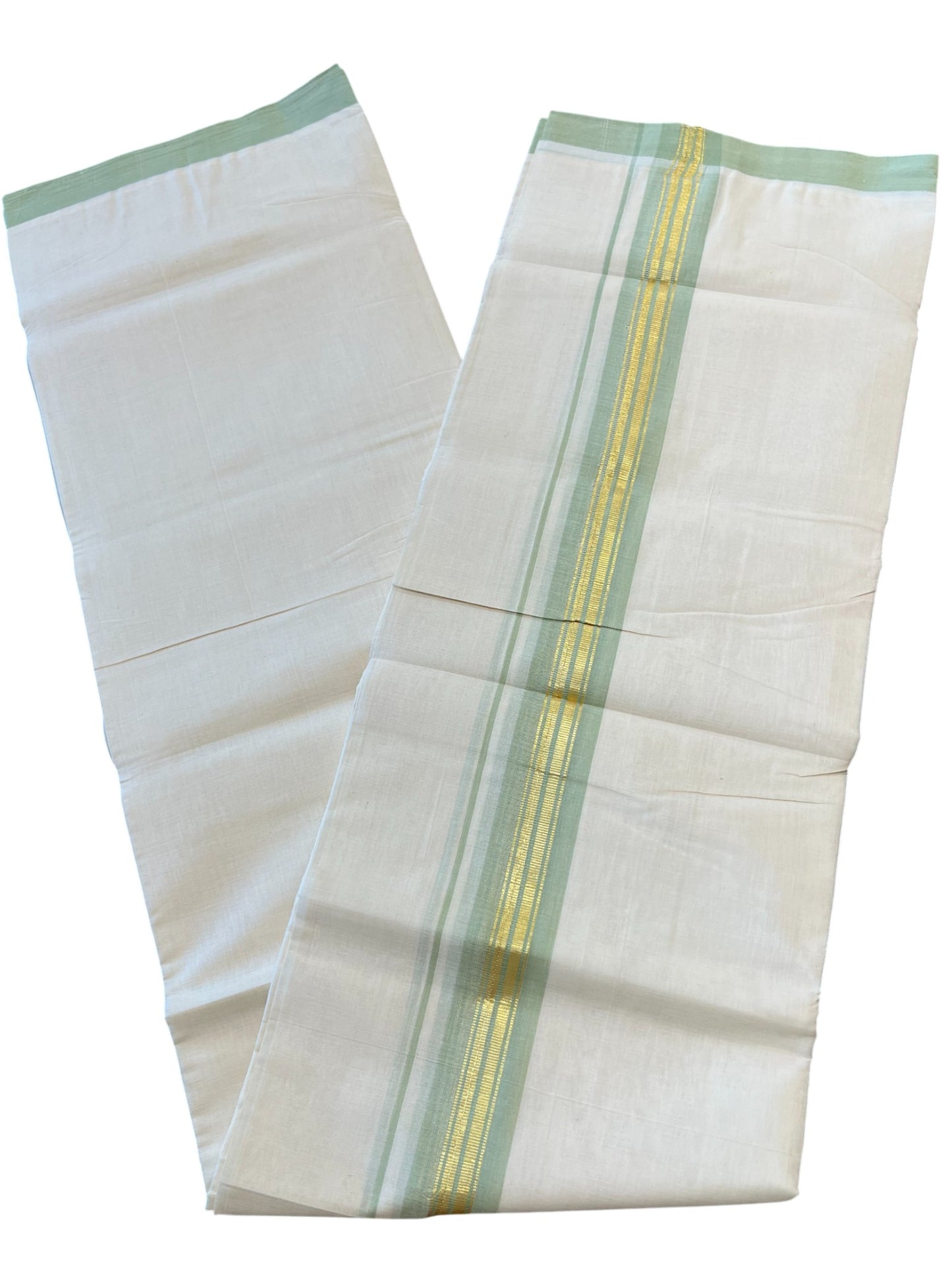 Southloom Premium Handloom Cotton Double Mundu with Gold and Green Border