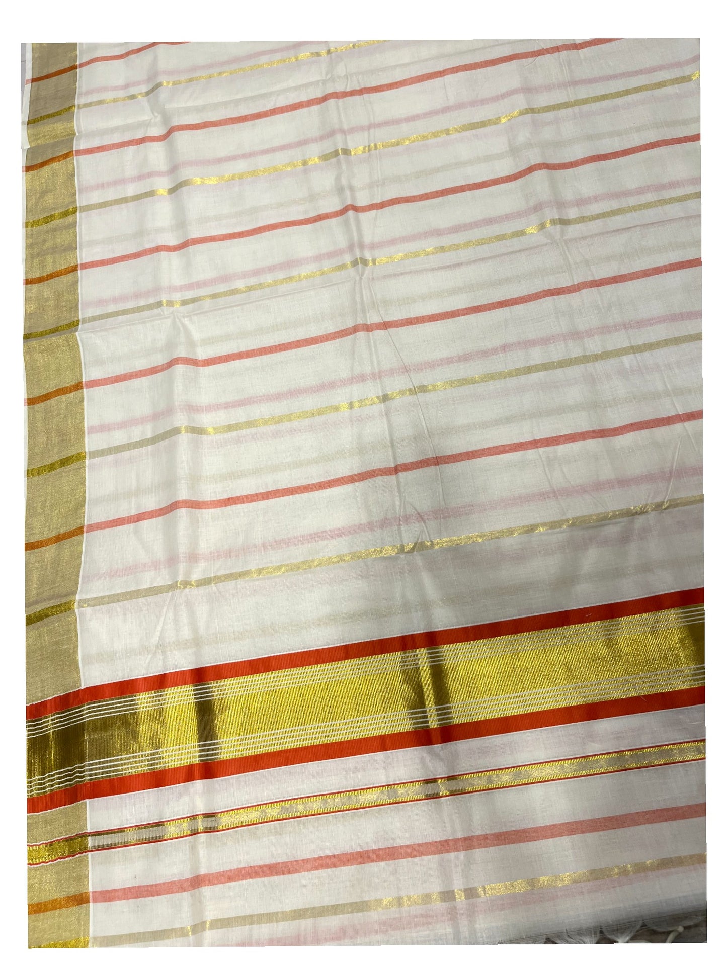 Southloom Kerala Cotton Kasavu Saree with Gold And Red Lines on Body