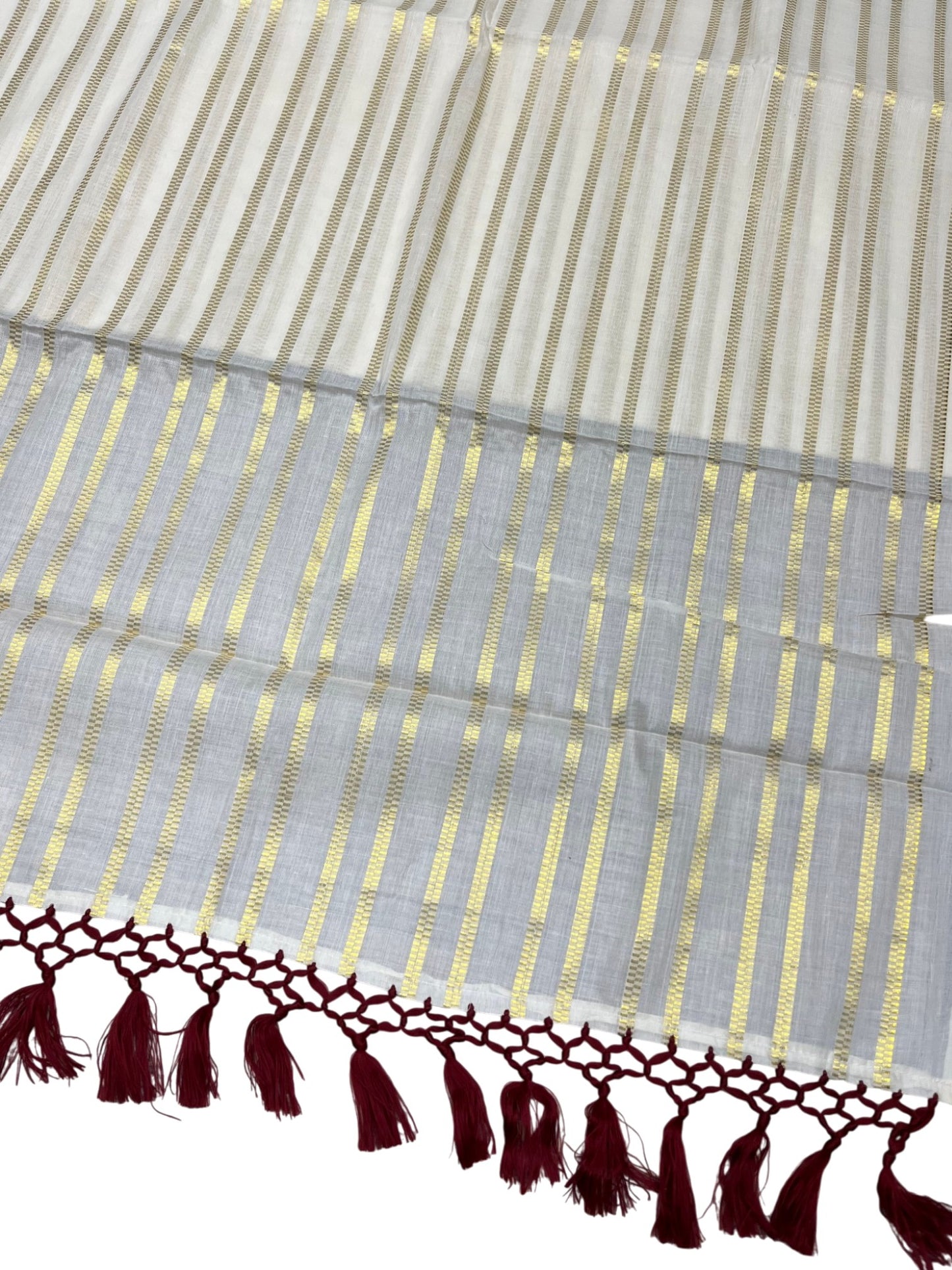 Southloom Cotton Kerala Kasavu Saree with Stripes on Body and Maroon Tussels