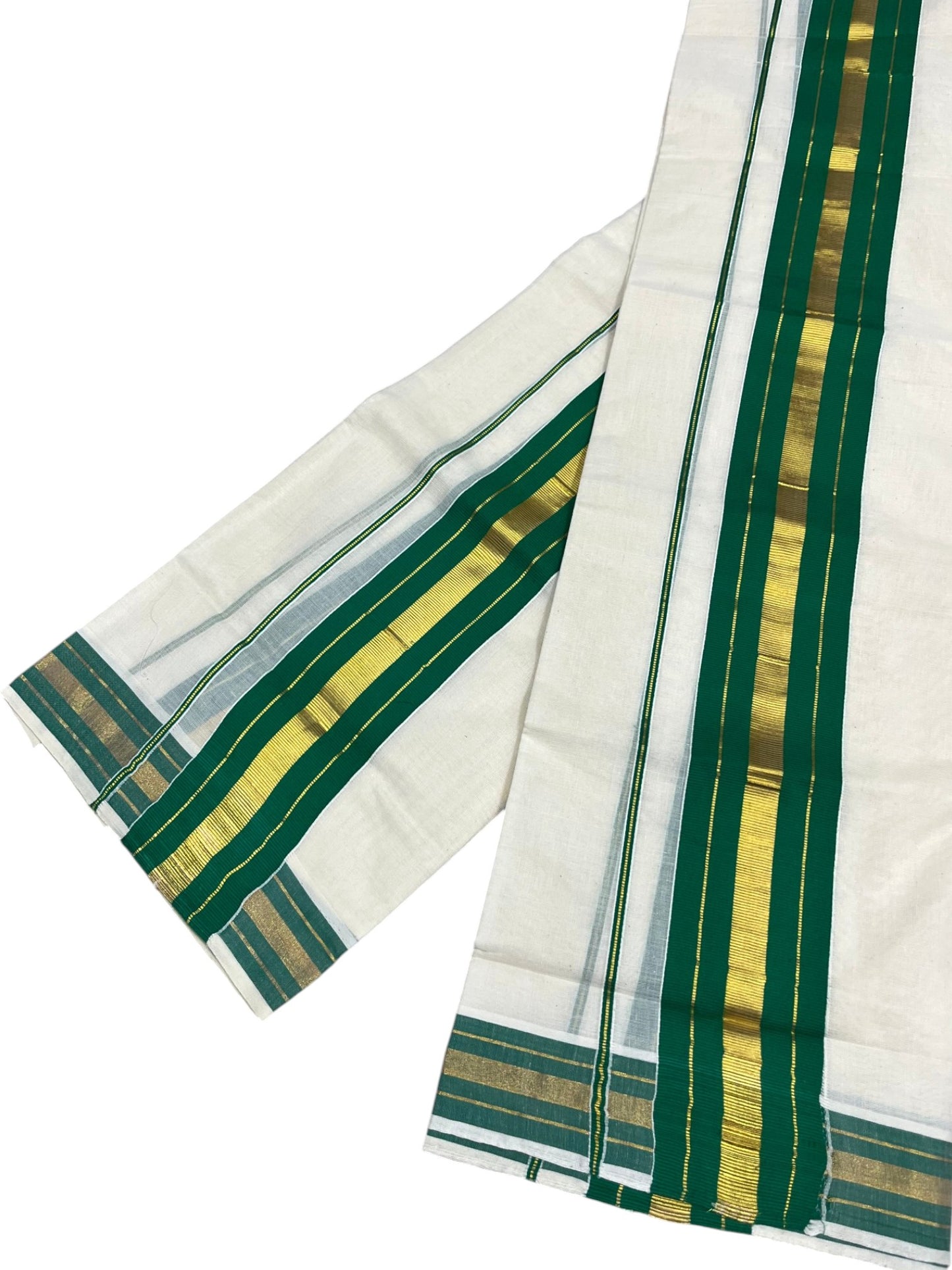 Southloom Kerala Cotton Kasavu Single Set Mundu (Mundum Neriyathum) with Green Kasavu Border SLKK