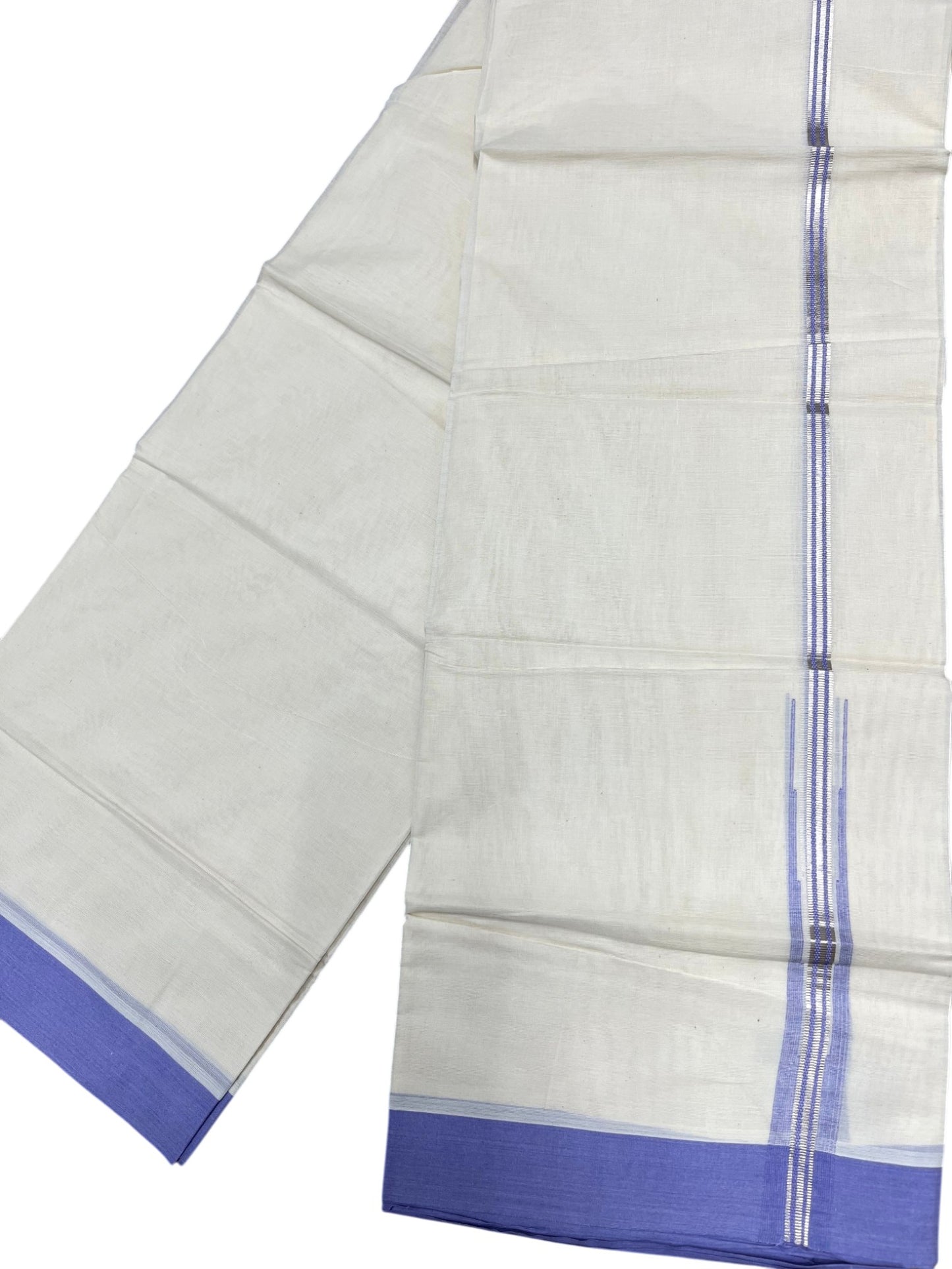 Southloom Pure Cotton Double Mundu with Silver Lines and Lavendar Chuttikara Border (South Indian Kerala Dhoti)