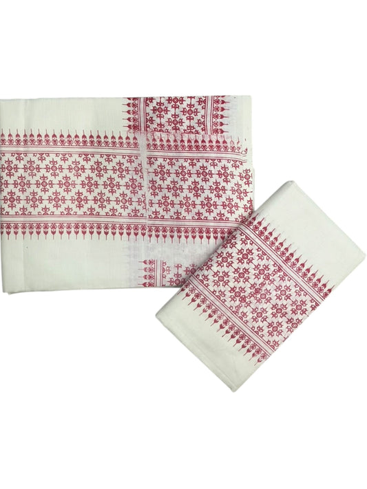 Southloom Kerala Cotton Set Mundu (Mundum Neriyathum) with Red Floral Prints on Border-2.80Mtrs SL625
