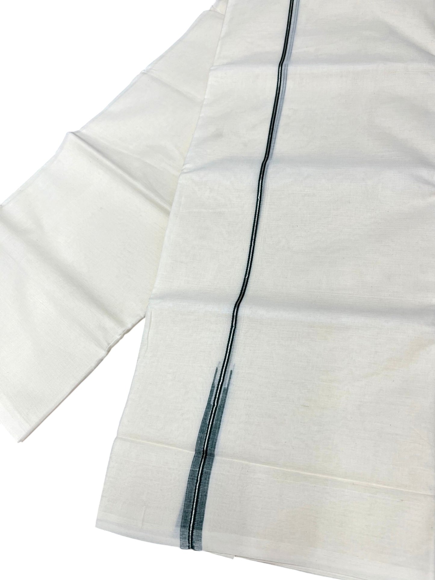 Kerala Pure Cotton Double Mundu with Green And Silver Chutti Kara (South Indian Kerala Dhoti)