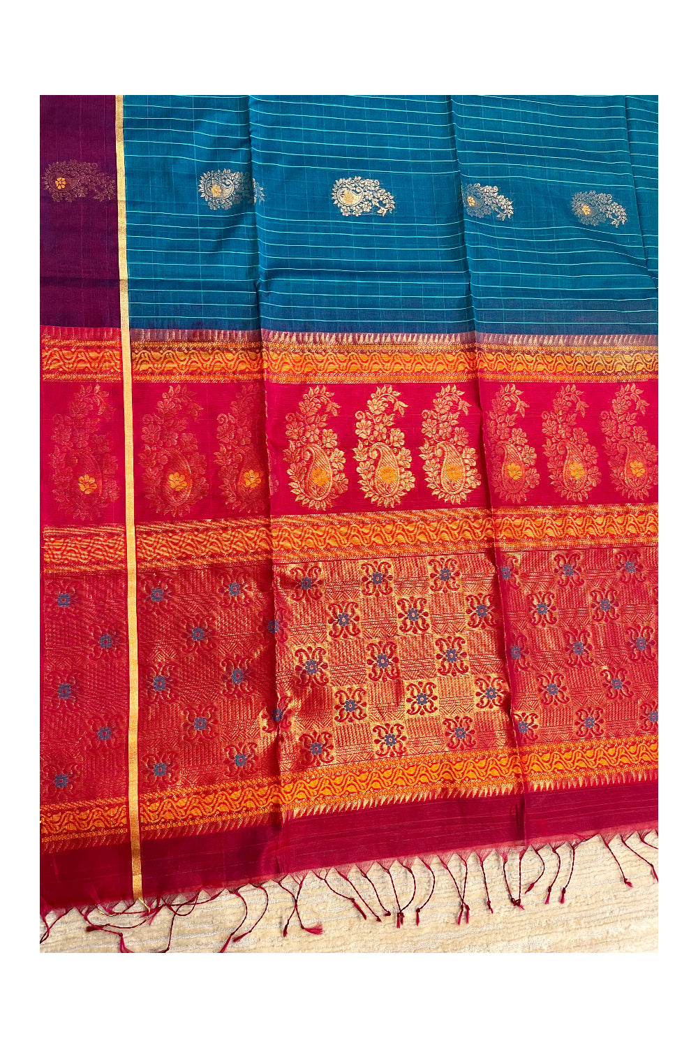 Southloom Pure Handloom Cotton Silk Saree With Handwoven Work Across Body and Blouse in Magenta And Blue