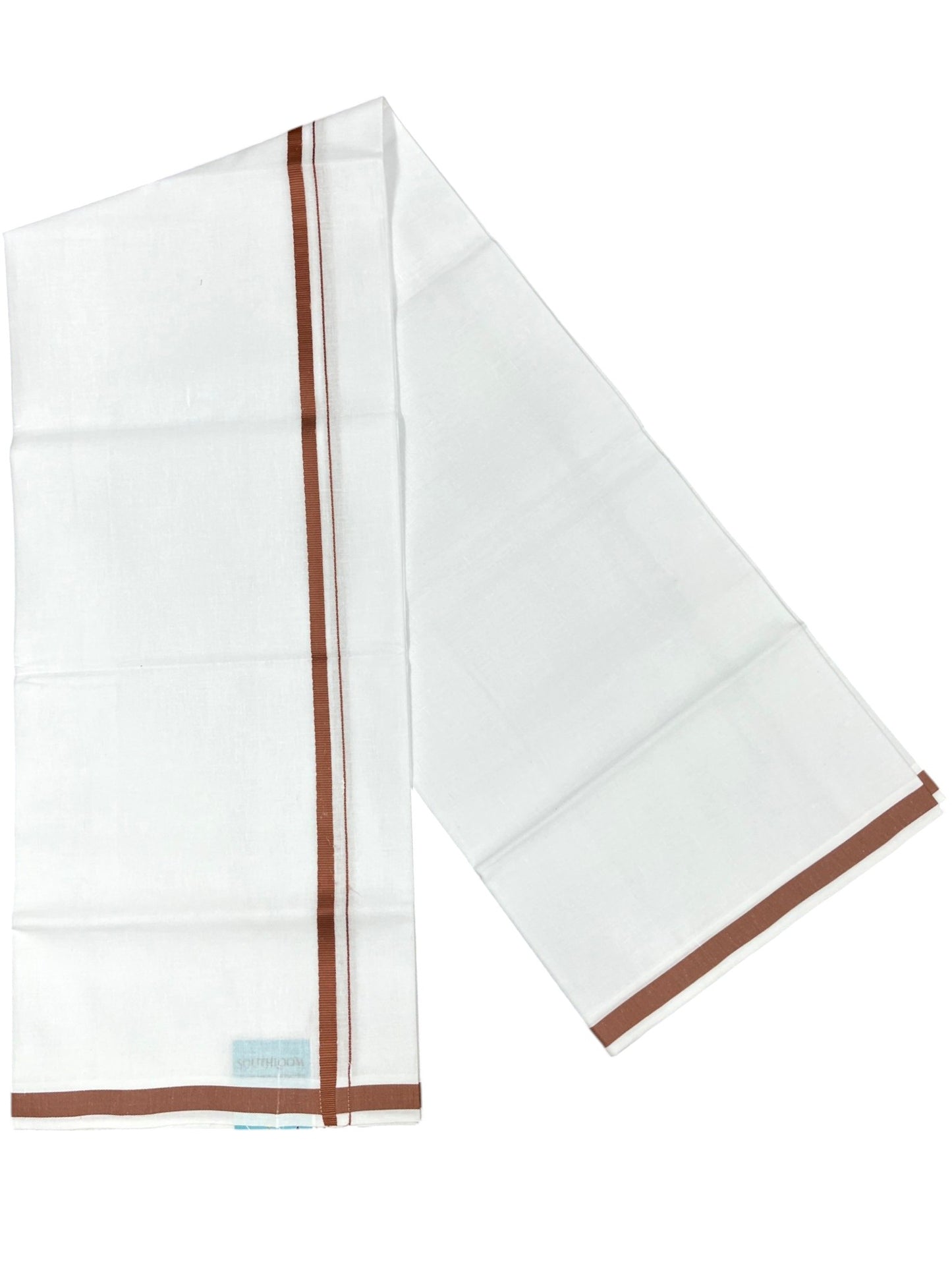 Southloom Pure White Cotton Single Mundu with Brown Border (South Indian Kerala Dhoti)