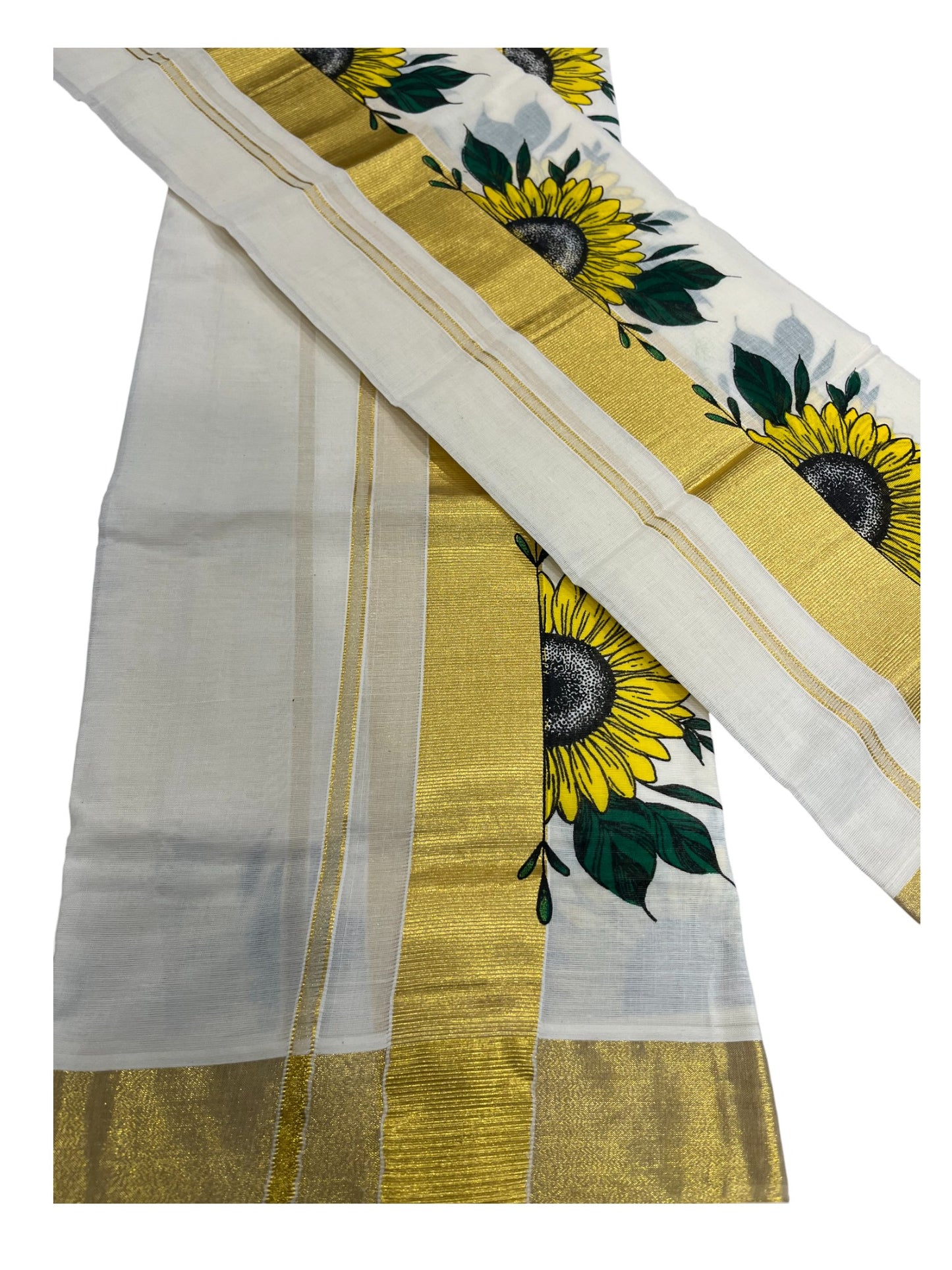 Southloom Kerala Cotton Set Mundu (Mundum Neriyathum) with Floral Block Printed Design