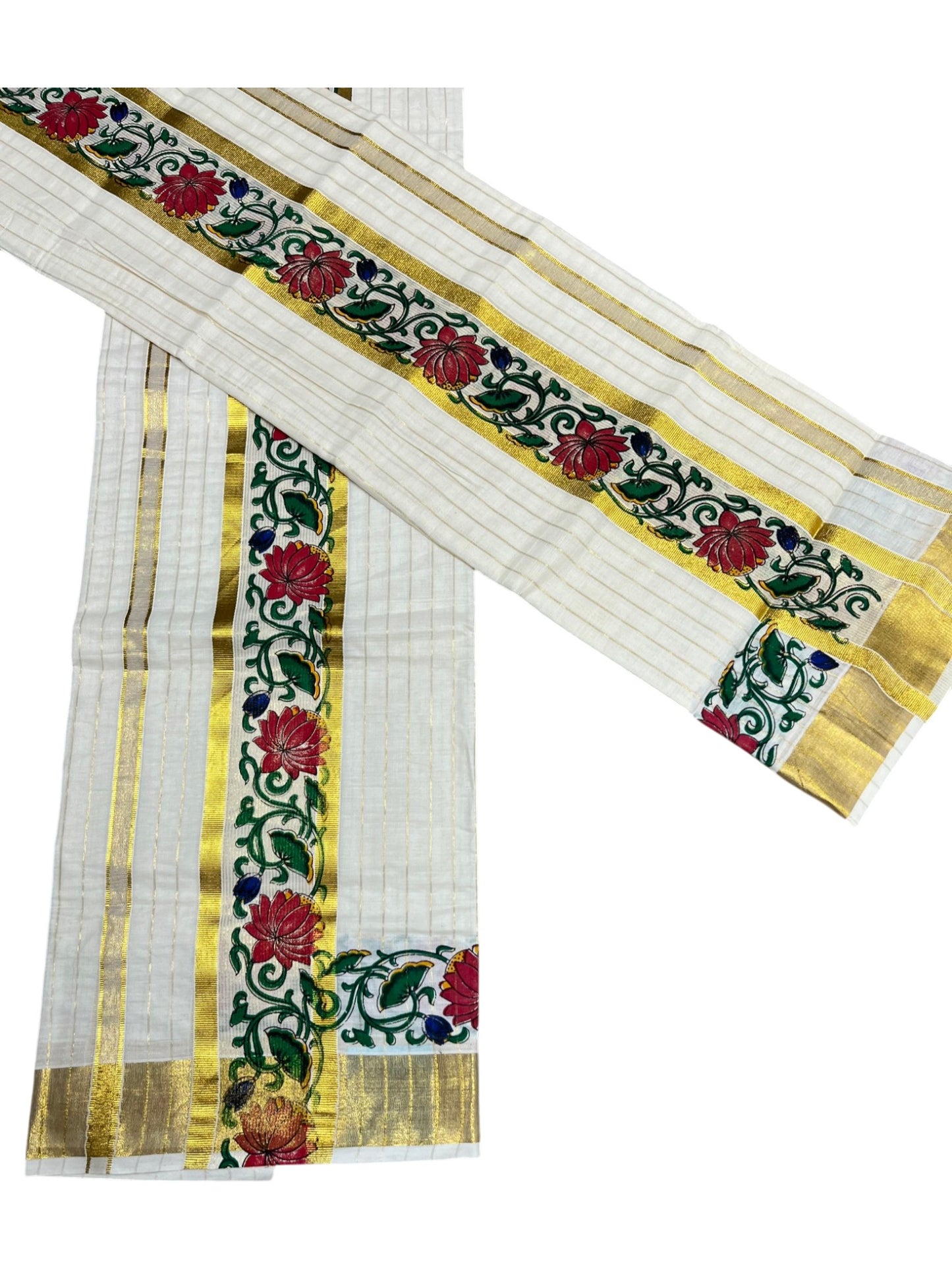 Southloom Cotton Lines Single Set Mundu (Mundu Neriyathum) With Red Floral Print And Gold Border Kasavu in 2.80 Mtrs