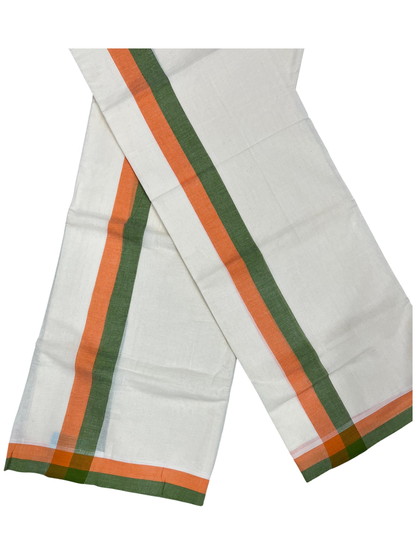 Southloom Pure Cotton Kerala Single Mulloth Set Mundu (Mundum Neriyathum) Green And Orange Border in 2.80 mtrs