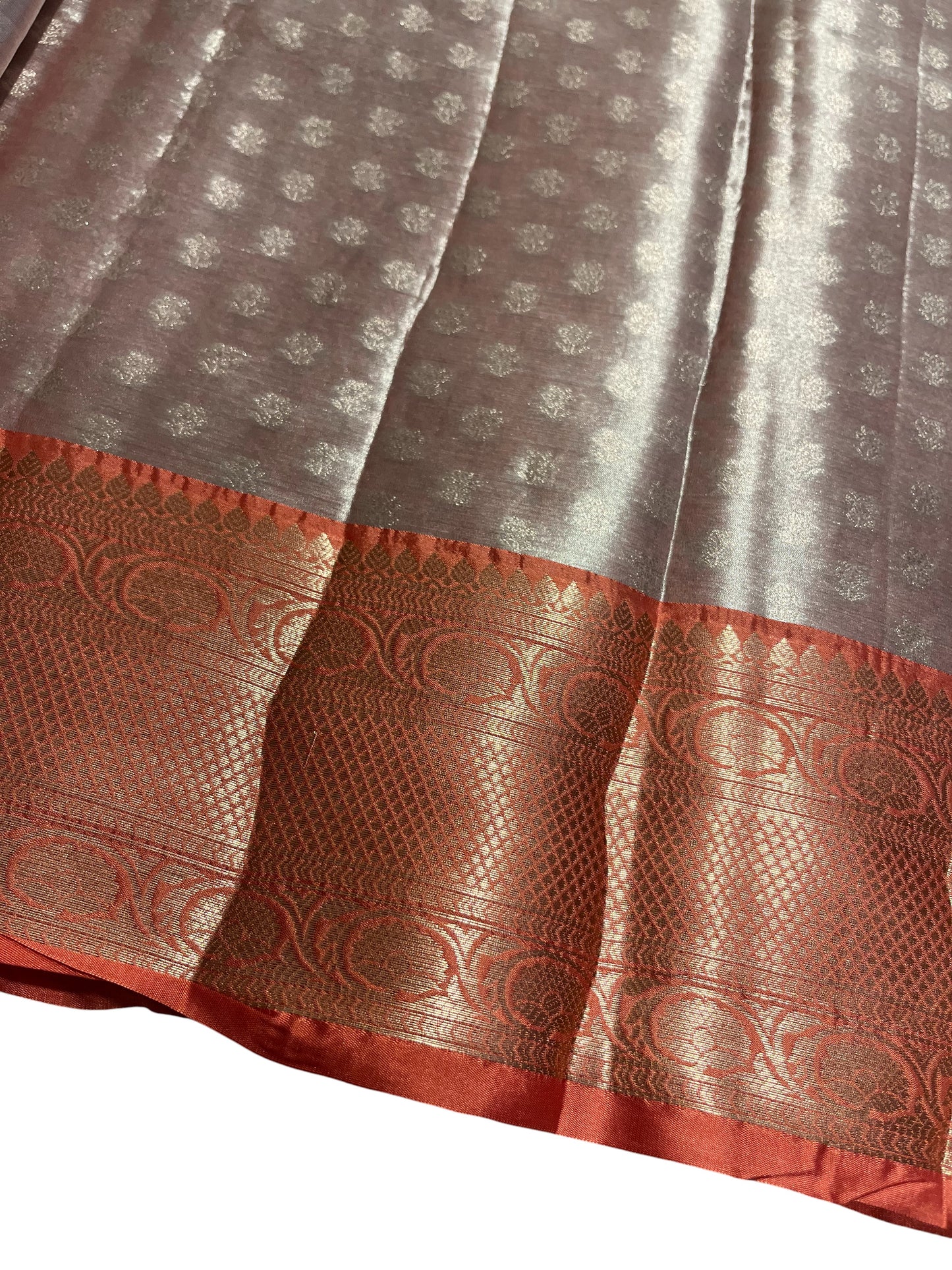 Southloom Semi Banarasi Katan Tissue Saree with Woven Work on Body and Borders (Grey & Peach)