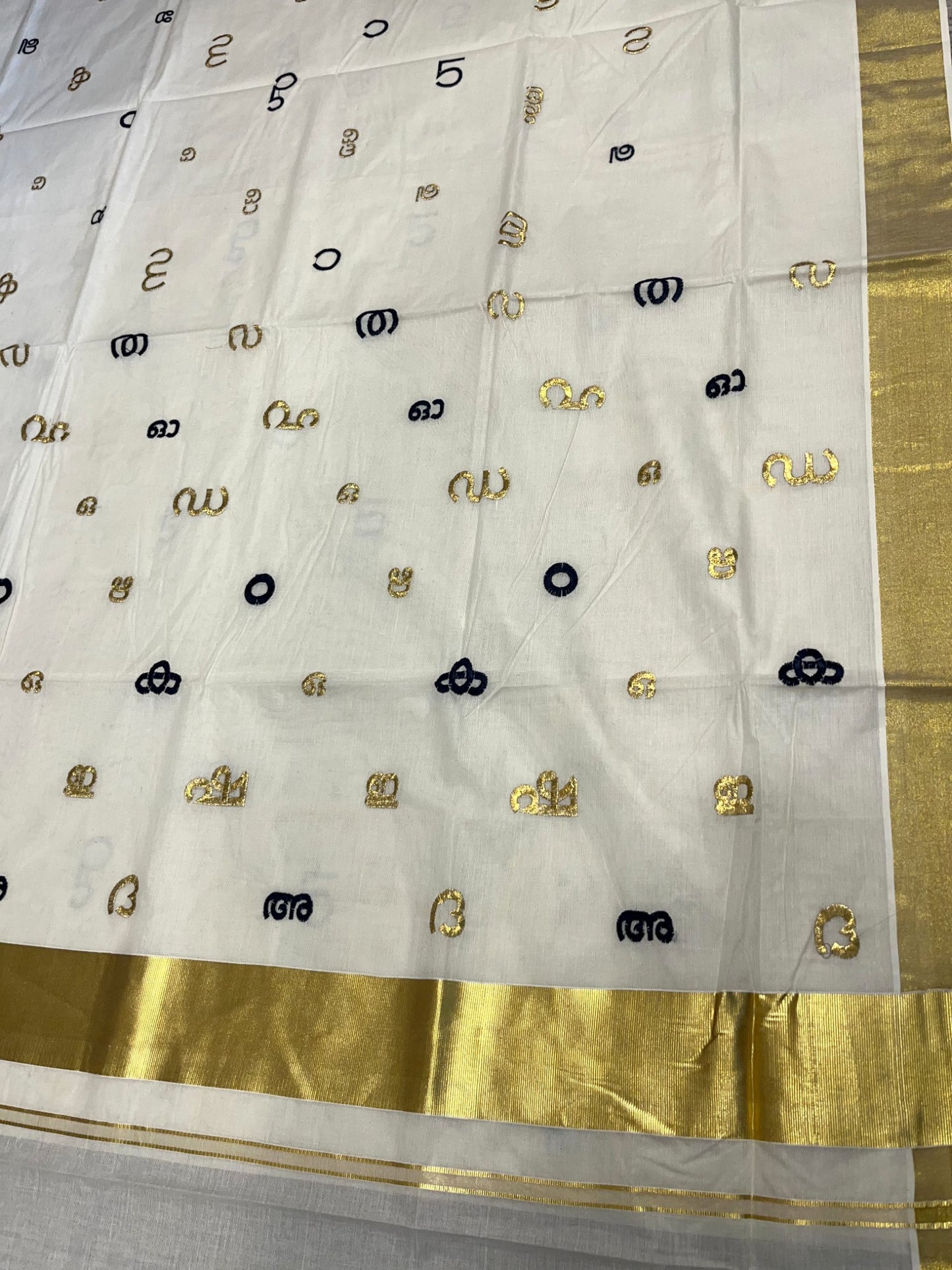 Southloom Kerala Cotton Kasavu Saree with Gold and Black Malayalam Aksharamala Embroidery Work on Body