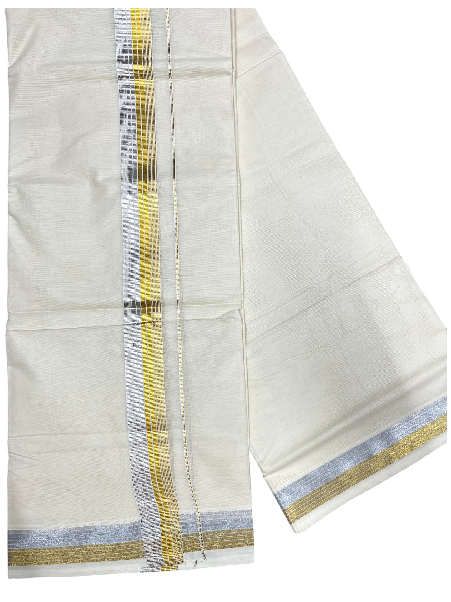Southloom Kerala Pure Cotton Double Mundu with Gold&Silver Kasavu and Border (South Indian Dhoti)