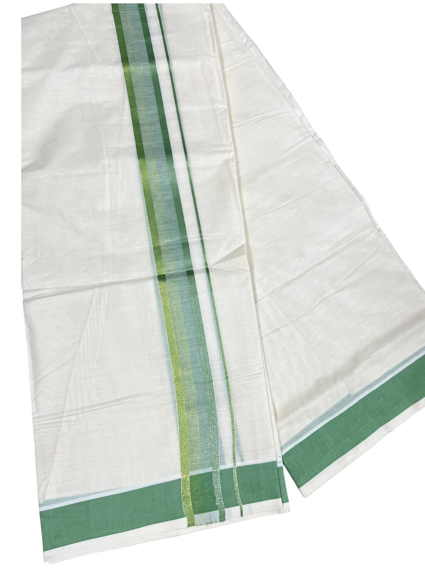 Southloom Kerala Pure Cotton Double Mundu with Green Border (South Indian Dhoti)