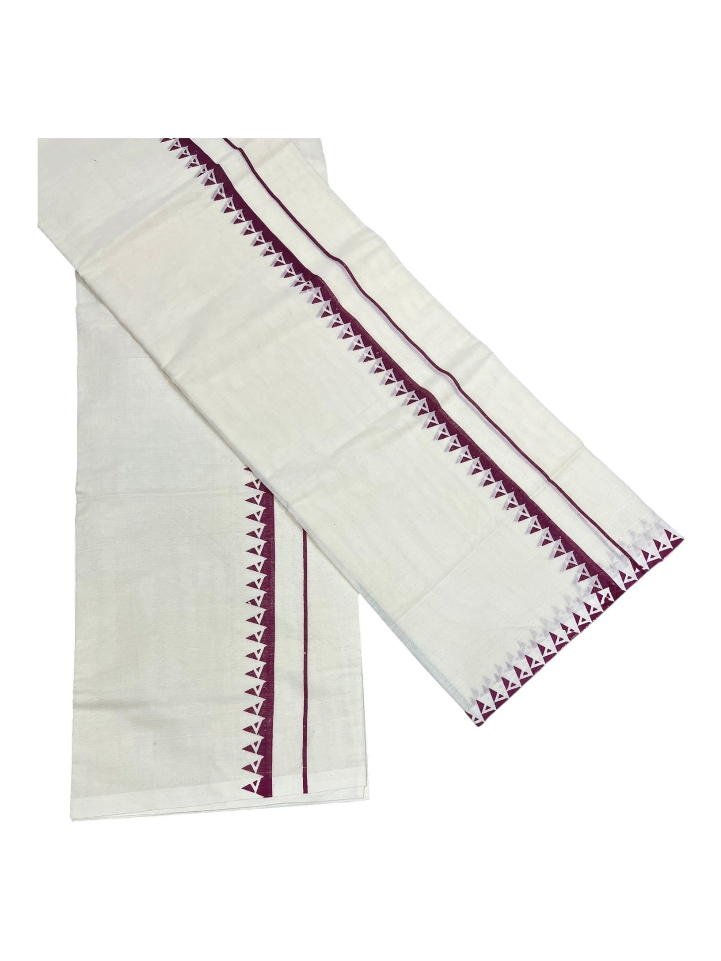 Kerala Cotton Set Mundu (Mundum Neriyathum) with Brown Block Prints on Body