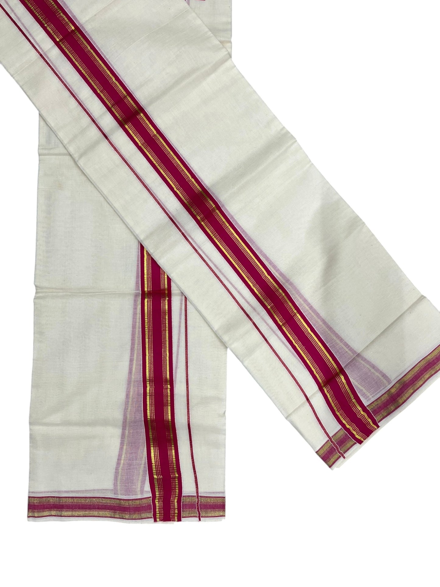 Southloom Kerala Cotton Single Set Mundu (Mundum Neriyathum) with Kasavu and Dark Pink Border in 2.80 Mtrs SLKK SL470