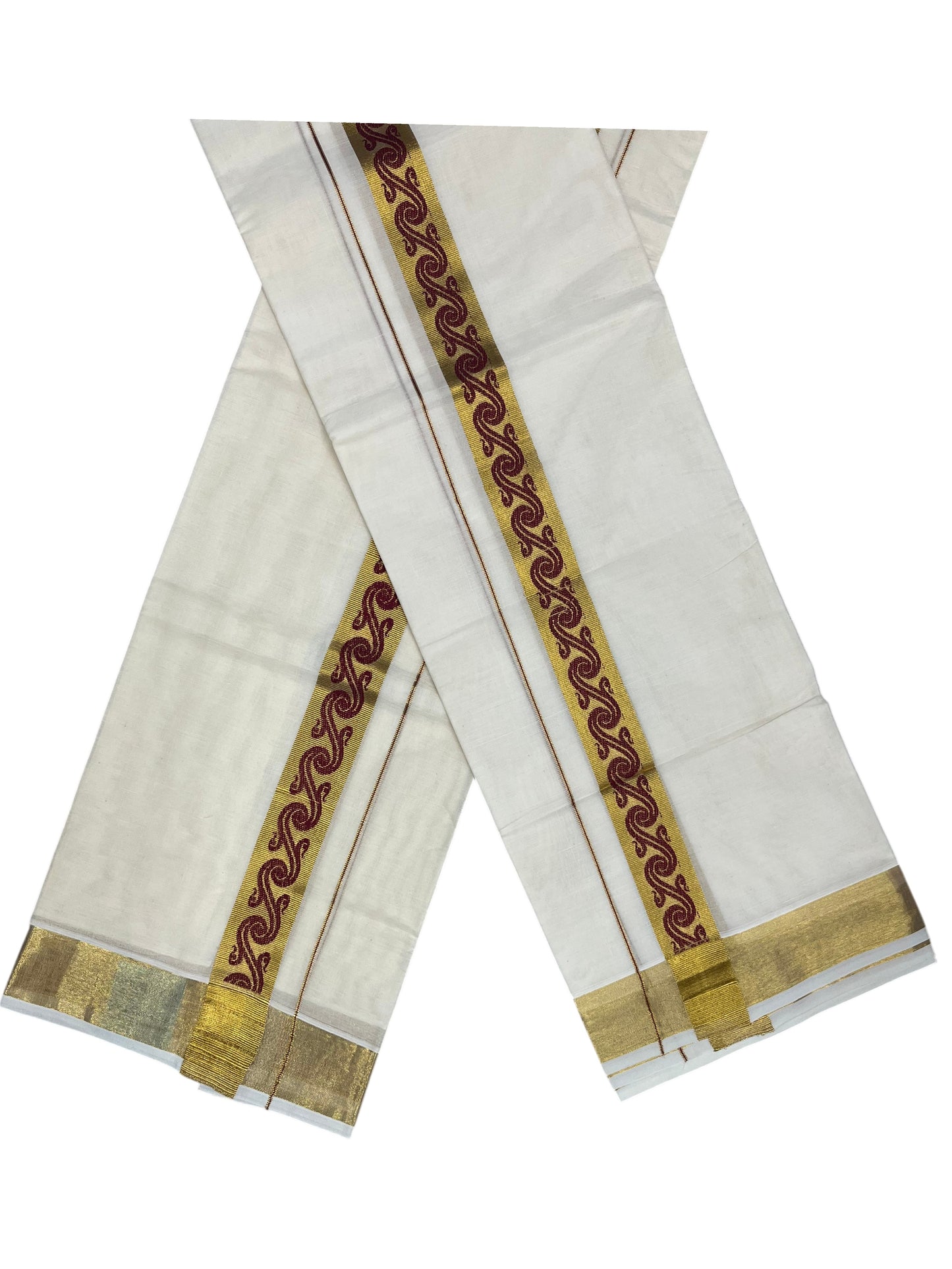 Southloom Kerala Pure Cotton Set mundu (Mundum Neriyathum) with Maroon Block Prints on Kasavu Border-2.80Mtrs