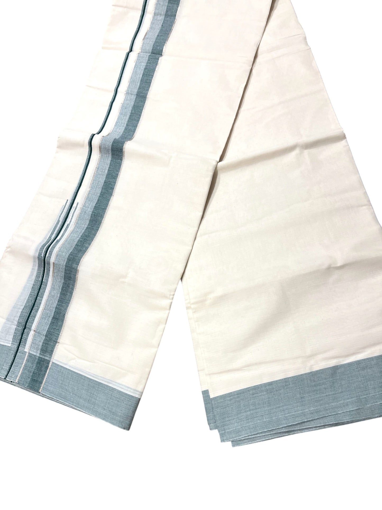 Southloom Kerala Pure Cotton Double Mundu with Silver Lines & Green Border (South Indian Dhoti)