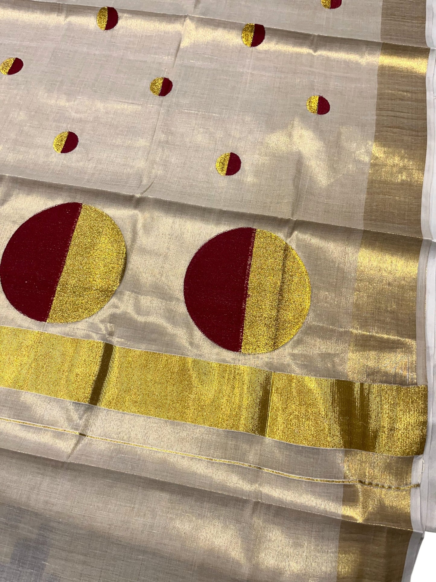 Southloom Kerala Tissue Kasavu Saree With Maroon Polka Dots Embroidery on Body