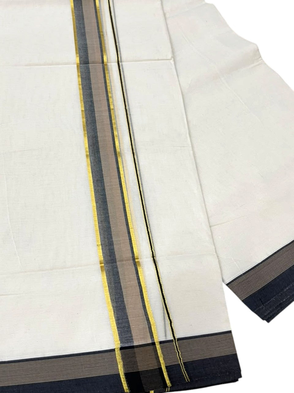 Southloom Pure Cotton Mundu with Siver Lines and Black & Brown Border (South Indian Kerala Dhoti)