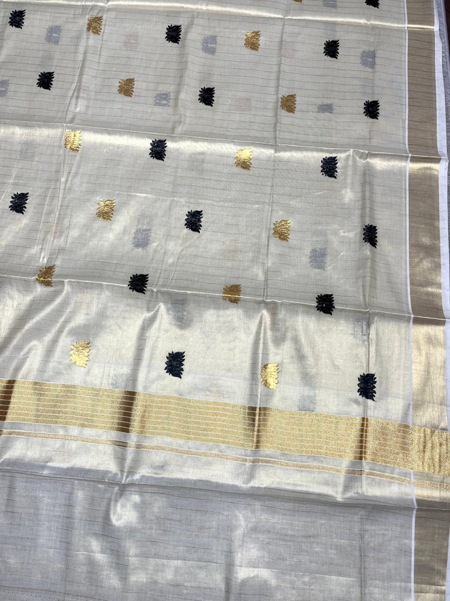 Southloom Kerala Tissue Kasavu Saree with Black&Gold Lotus Embroidery Works