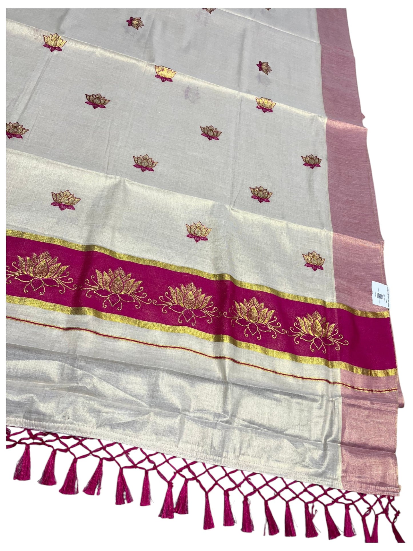 Southloom Kerala Tissue Kasavu Saree with Magenta And Golden Lotus Embroidary Works on Body