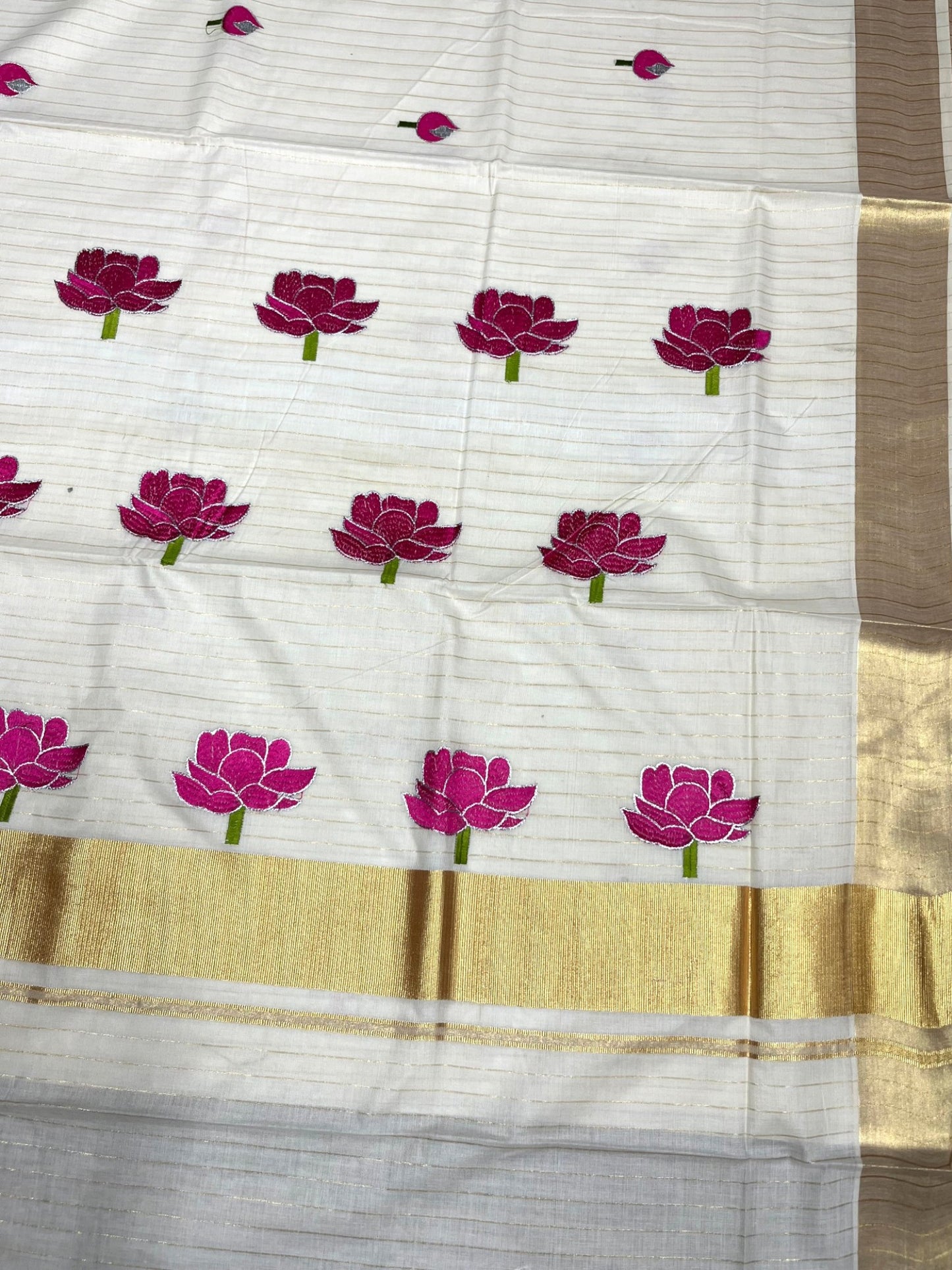 Southloom Kerala Cotton Kasavu Saree with Pink Lotus Embroidery Design