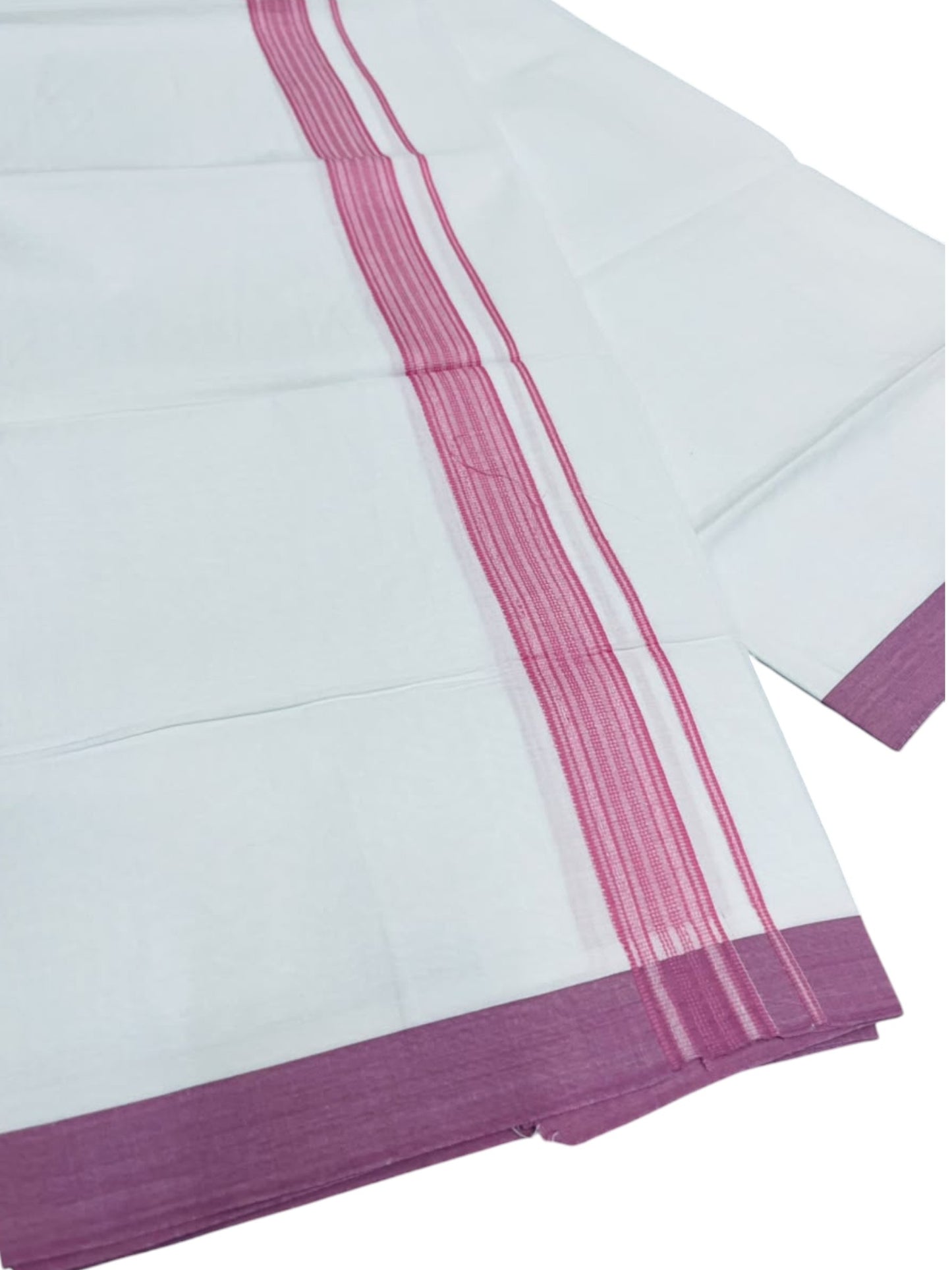 Southloom Pure White Single Cotton Mundu with Pink Border (South Indian Kerala Dhoti)