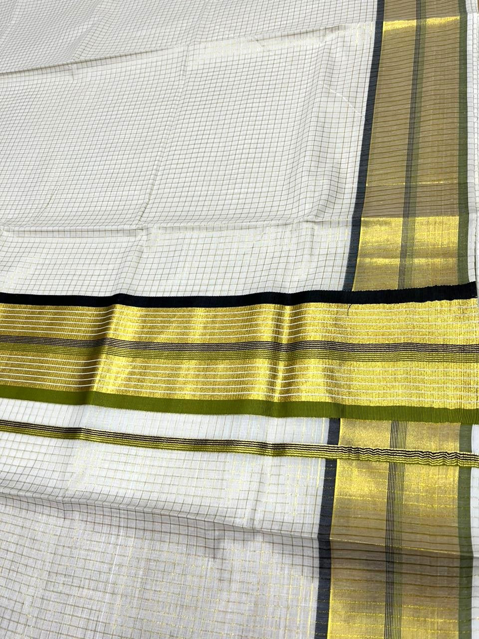 Southloom Kerala Cotton Kasavu Saree with Micro Check Design on Body in Black & Olive Green Border SL453