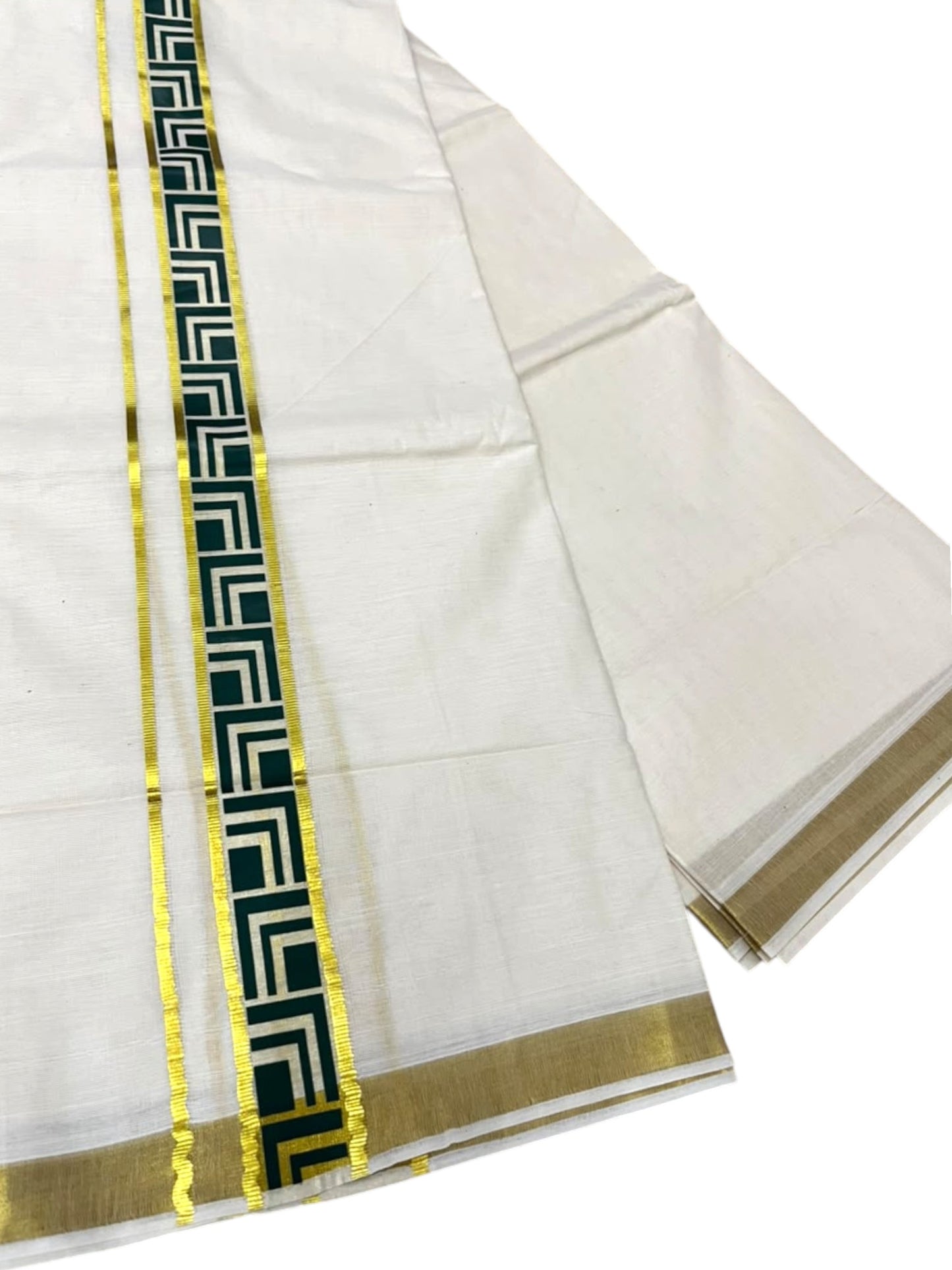 Southloom Pure Cotton Double Mundu with Green Block Printed And Ksavu Border (South Indian Kerala Dhoti)
